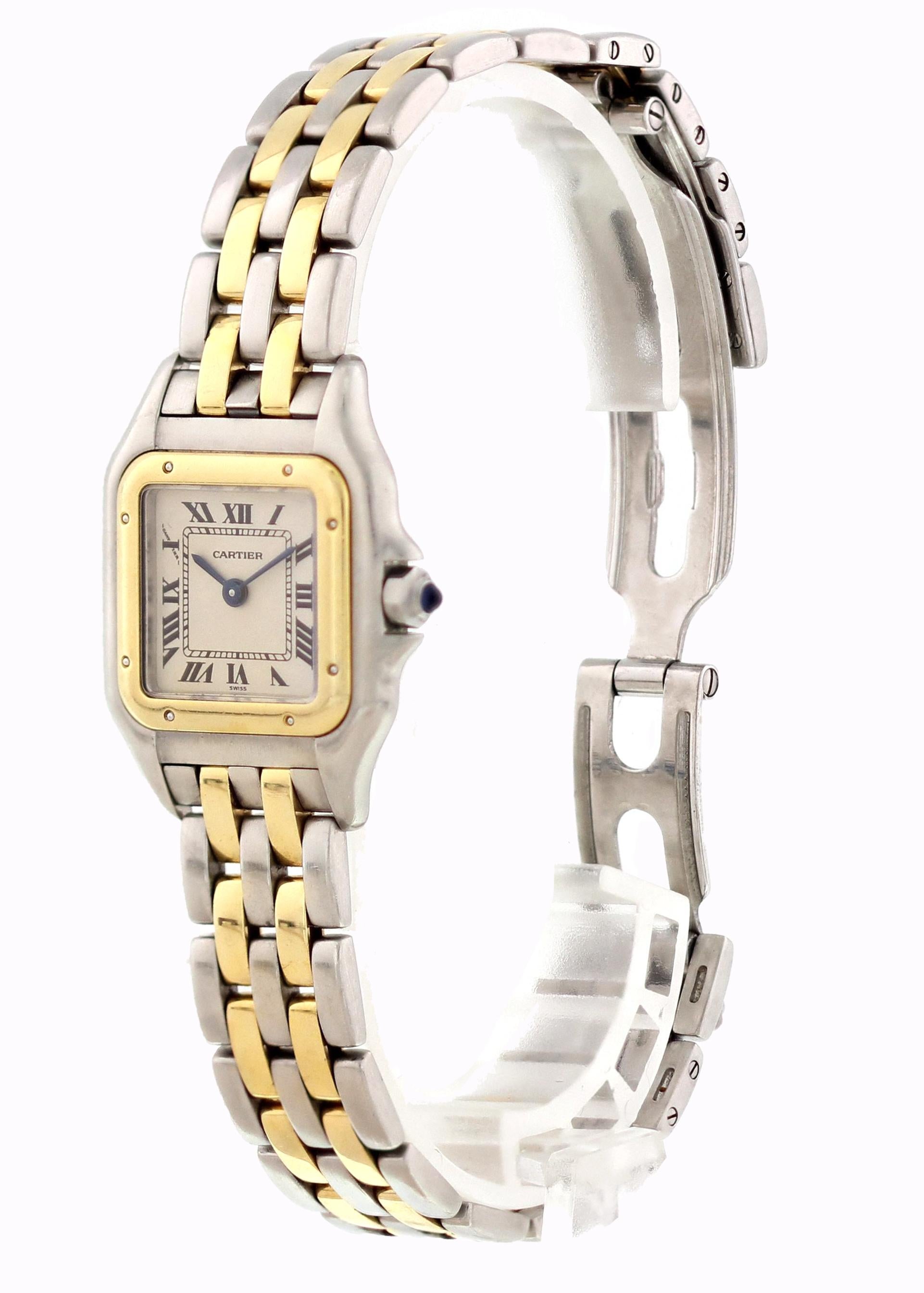 Cartier Panthere 112000  Two Tone Ladies Watch. Stainless steel 22mm case. 18k yellow gold bezel. Off White dial with blue hands and black roman numeral markers. Two tone band with two rows of gold links. Will fit up to a 6 inch wrist. Quartz