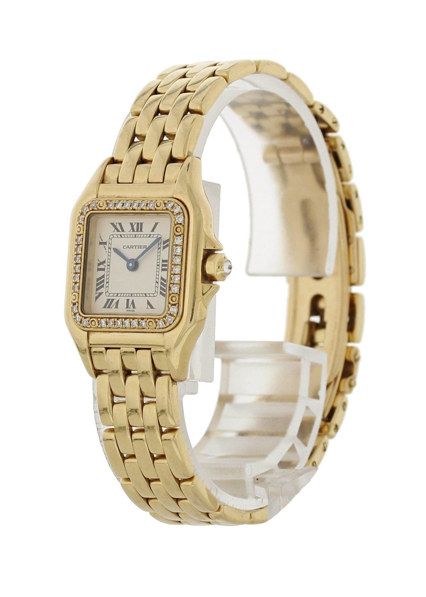 Cartier Panthere 1280 Ladies Watch. 22mm 18K Yellow Gold case with factory set diamonds. Factory diamond bezel. Off-white dial with black Roman numerals and blue hands. 18K Yellow gold bracelet with hidden butterfly clasp. Will fit up to a 6-inch