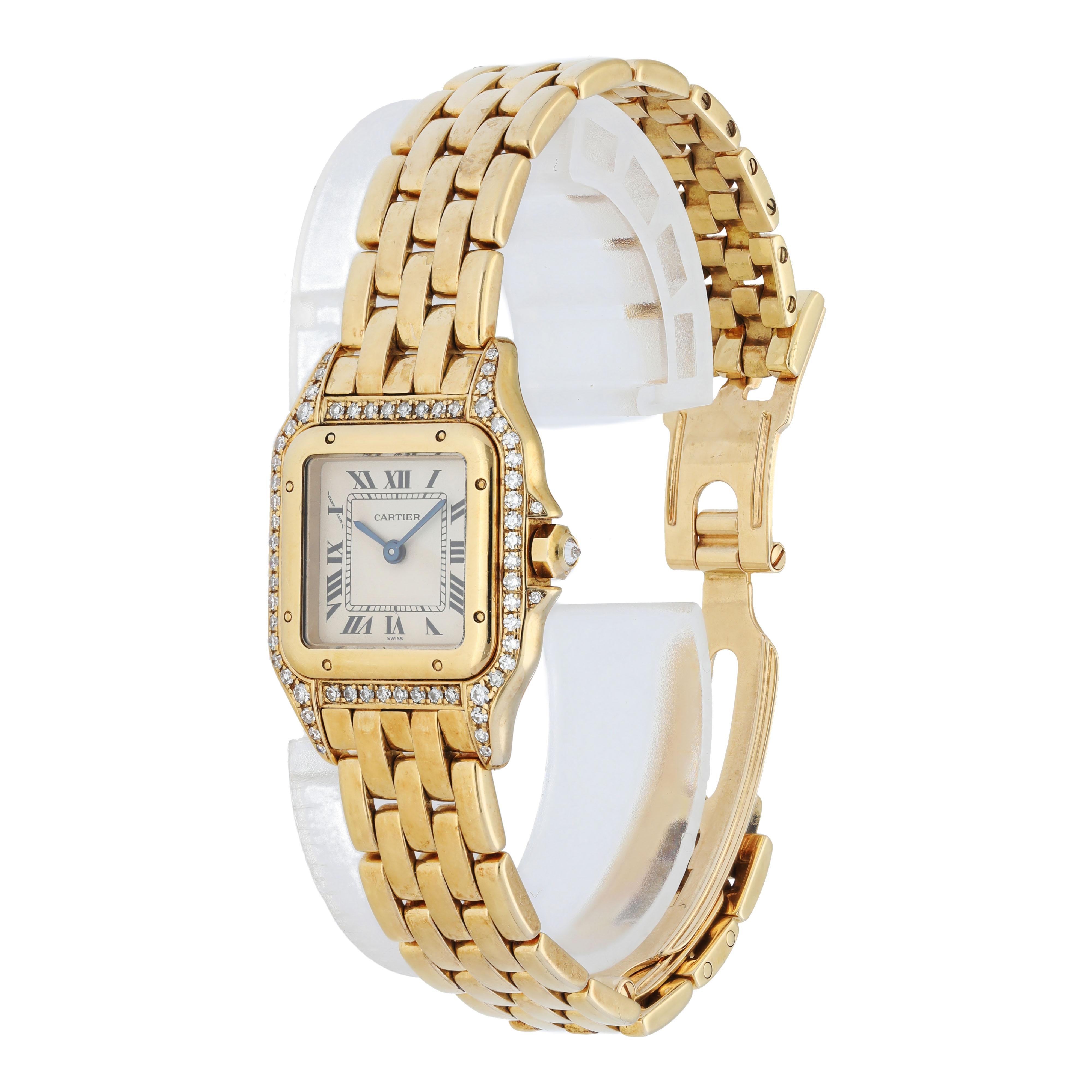 Cartier Panthere 1280 2 18k Yellow Gold Ladies Watch. 
23mm 18K Yellow Gold & Diamonds case. 
18k Yellow Gold smooth bezel. 
Off-White dial with Blue steel hands and Roman numeral hour markers. 
Minute markers on the inner dial. 
Yellow Gold