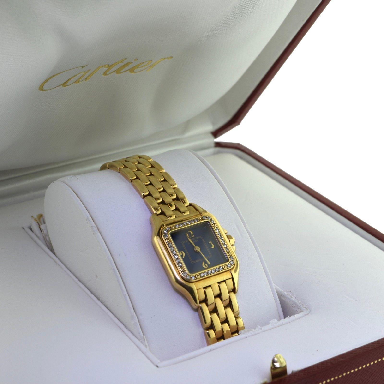 Designer: Cartier

Collection: Panthere

Movement: Quartz

Model Number: 128000 M

Case Material: 18k Yellow Gold

Case Size: 21 mm x 30 mm

Bracelet Material: 18k Yellow Gold

Crystal: Sapphire

Dial: Lapis Lazuli

Bezel: Diamonds 

Origin: