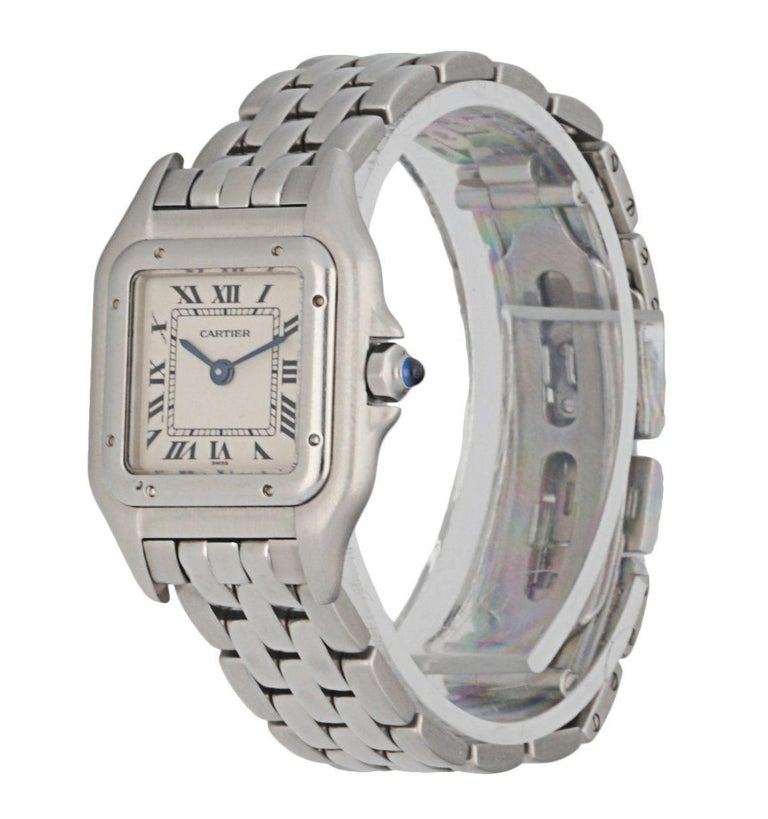 Cartier Panthere 1320 Ladies Watch. 22mm stainless steel case. Stainless steel smooth bezel. Off-White dial with blue steel hands and index hour markers. Minute markers on the inner dial. Stainless steel bracelet withÂ hidden butterfly clasp.Â Will