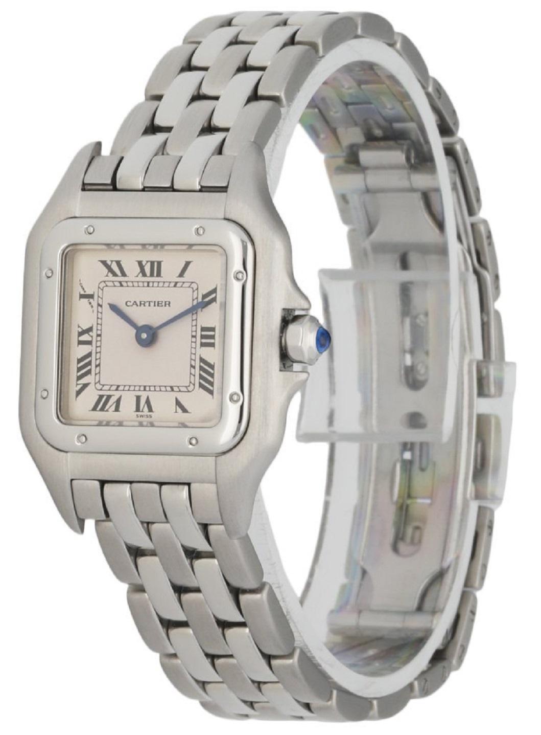 Cartier Panthere 1320 Ladies Watch. 22mm Stainless Steel case. Stainless Steel smooth bezel. Off-White dial with blue steel hands and index hour markers. Minute markers on the inner dial. Stainless Steel Bracelet with hidden butterfly Clasp.Will fit