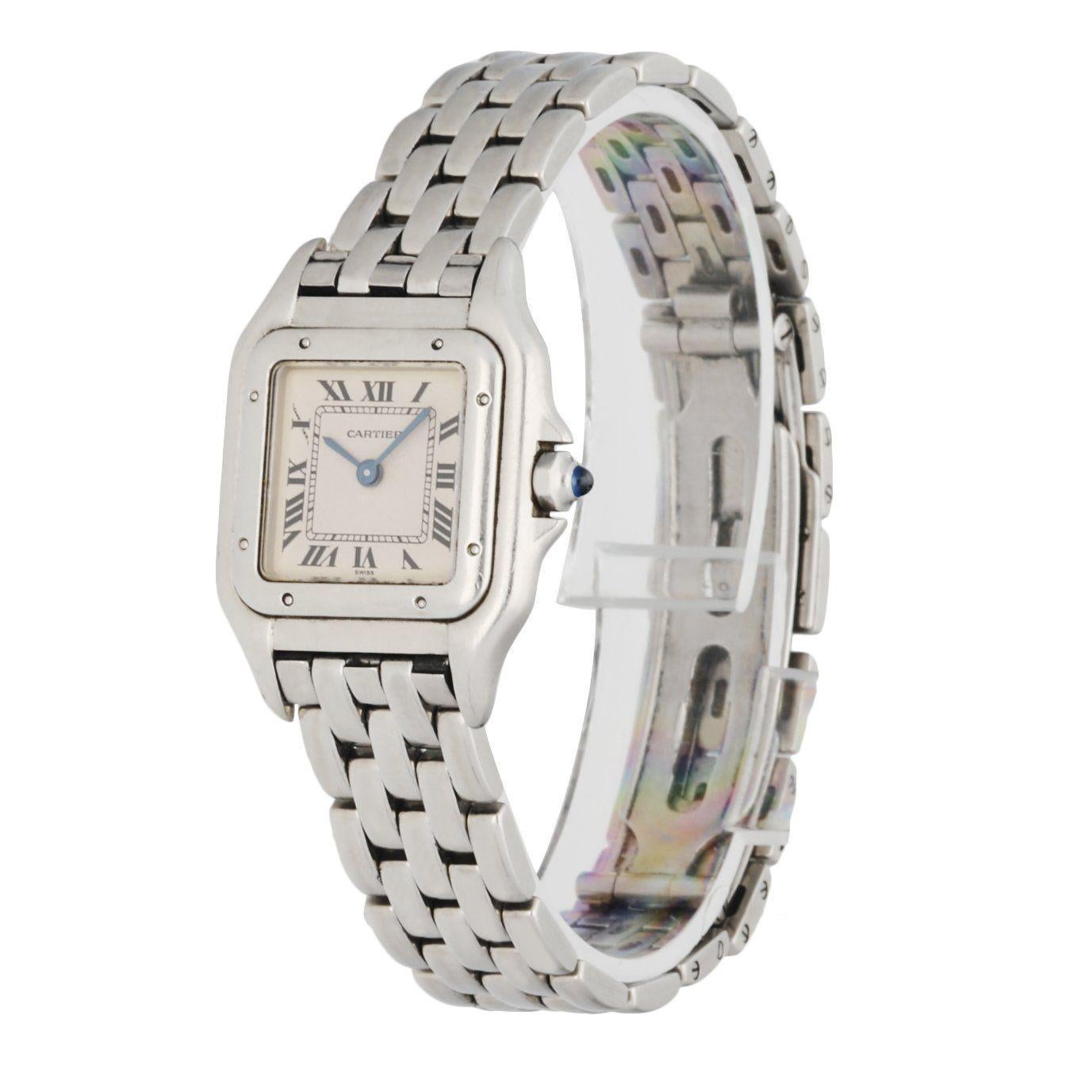 Cartier Panthere 1320 Ladies Watch. 22mm Stainless Steel case. Stainless Steel smooth bezel. Off-White dial with blue steel hands andÂ Roman numeral hour markers. Minute markers on the inner dial. Stainless steel bracelet with hidden butterfly