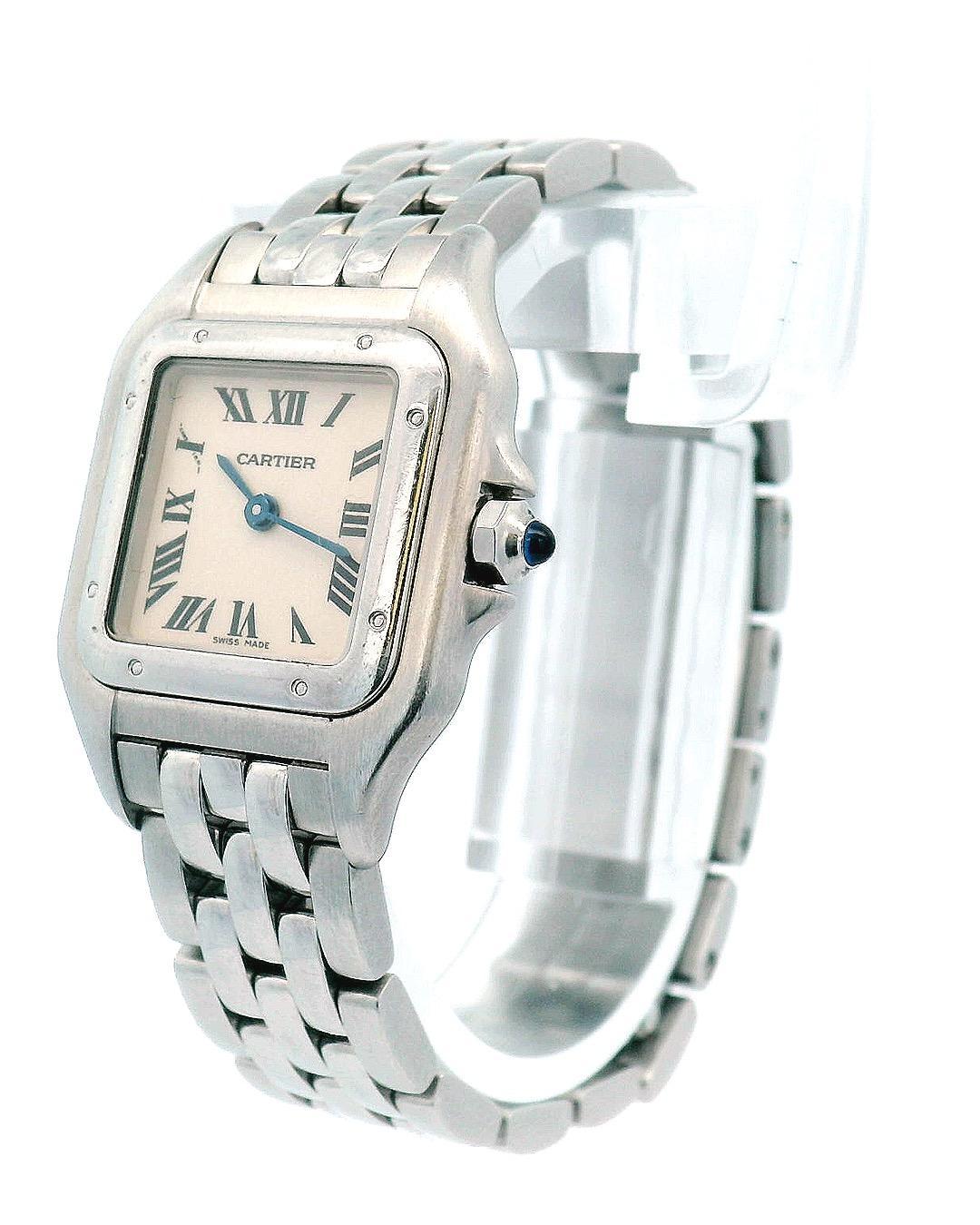 Cartier Panthere ladies watch. 22MM stainless steel case and bezel. Off-White dial with blue hands and black Roman numeral hour marker. stainless steel bracelet with stainless steel hidden butterfly clasp. Will fit up to 5.75-Inch comfortable.