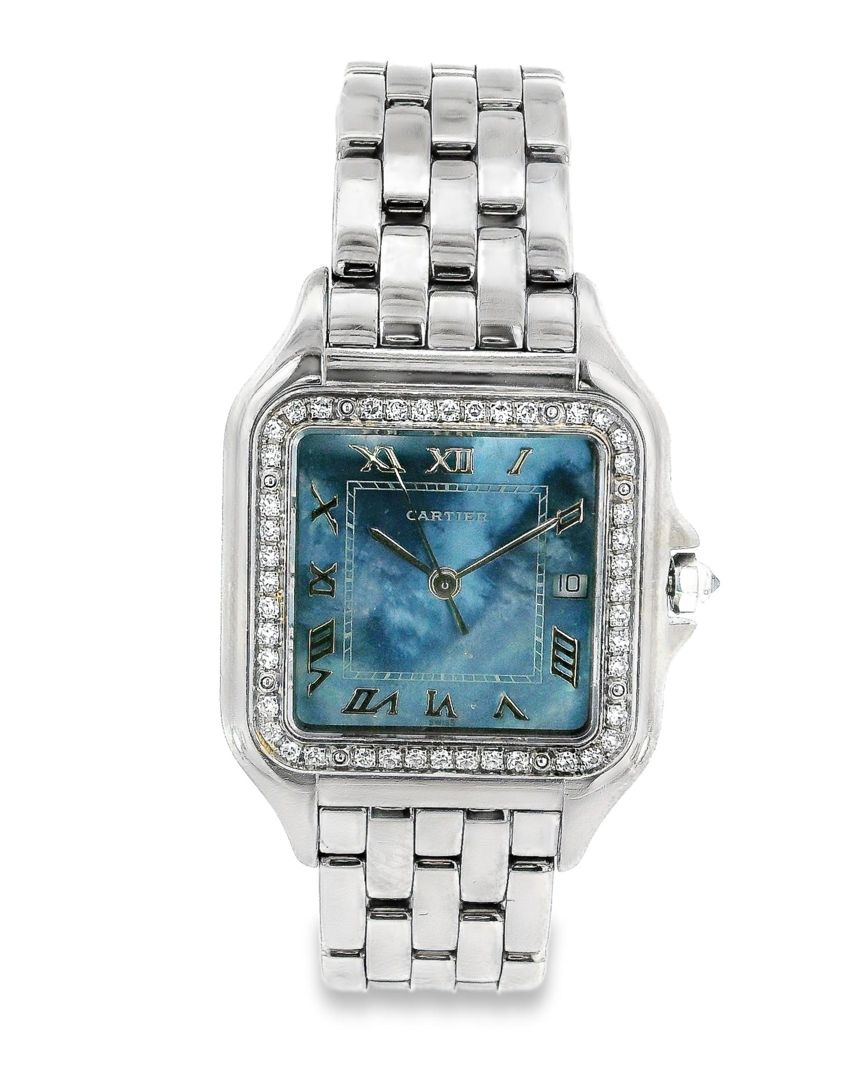 Cartier Panthere 1650 Ladies Watch. 27mm 18K white gold case. 18K white gold bezel with factory diamond sets. Blue Mother of Pearl dial with white gold hands and White gold Roman numeral hour markers. Minute markers on the inner dial. 18K white gold