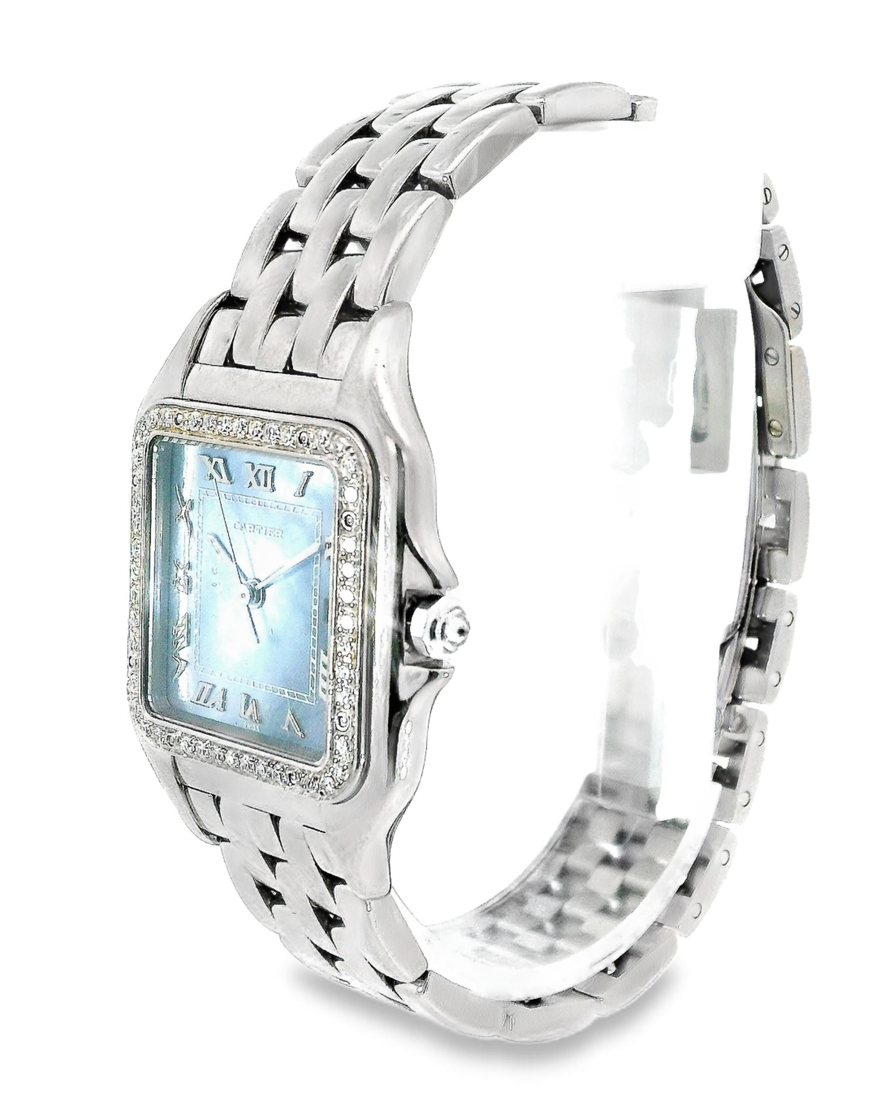 Cartier Panthere 1650 Blue MOP 18K White Gold Watch In Excellent Condition For Sale In Great Neck Plaza, NY