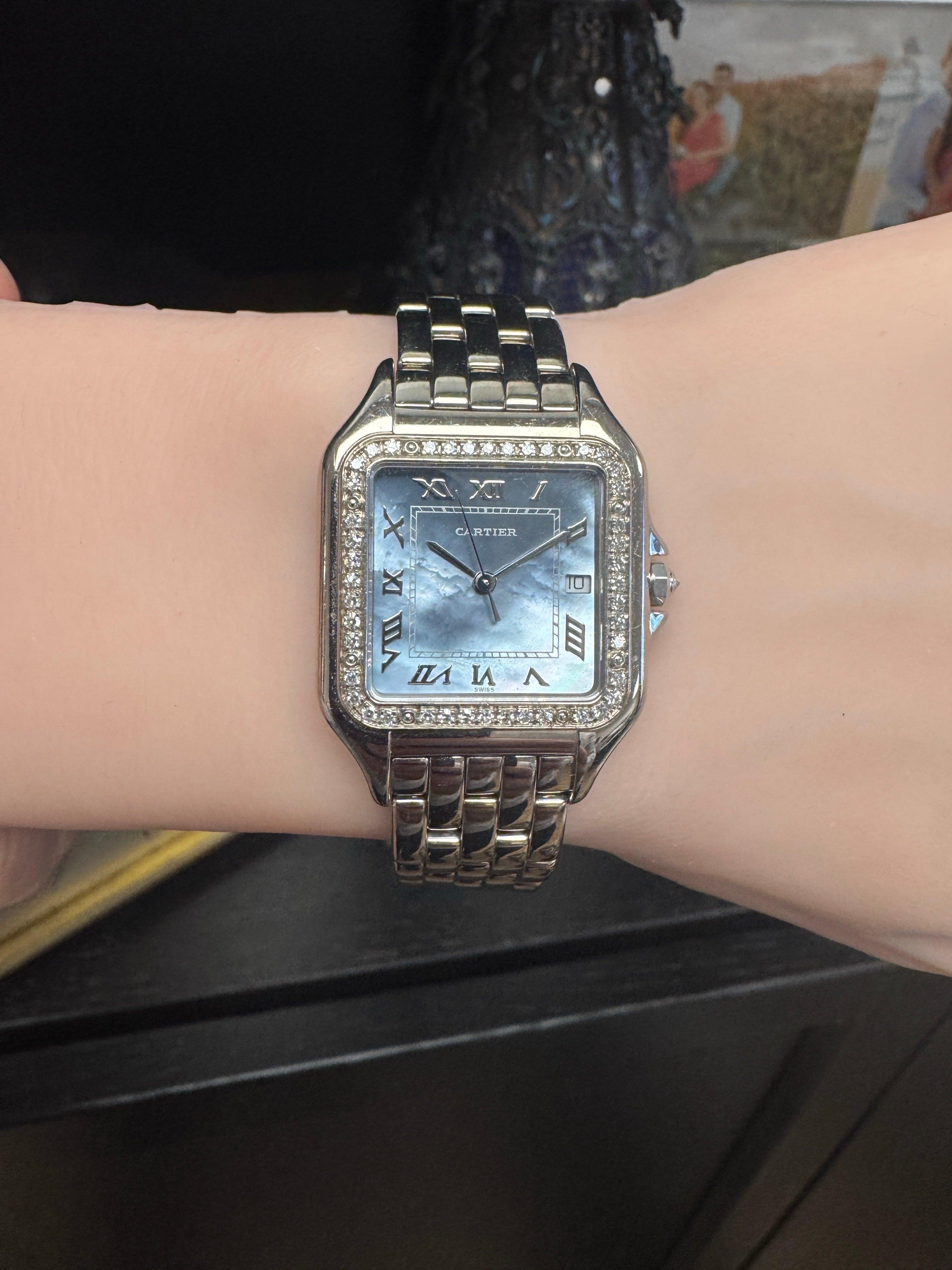 Cartier Panthere 1650 Blaue MOP 18K Weißgold Uhr im Angebot 1