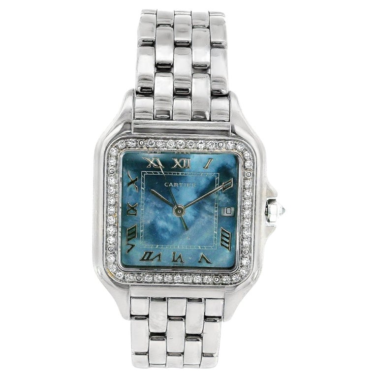 Cartier Panthere 1650 Blaue MOP 18K Weißgold Uhr im Angebot bei
