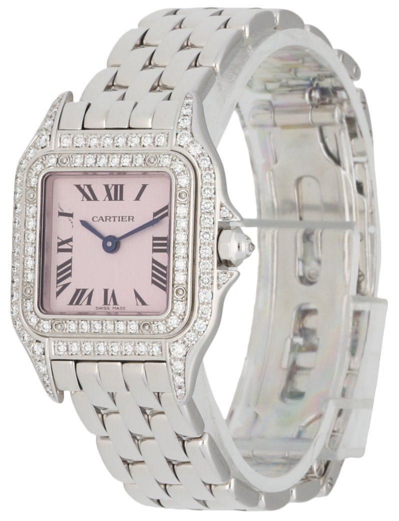 Cartier Panthere 1660 ladies watch. 22mm 18K white gold case with factory diamonds set. 18K white gold & factory set diamond bezel. Pink dial with blue hands and black Roman numeral hour marker. 18K white gold bracelet with hidden butterfly clasp.