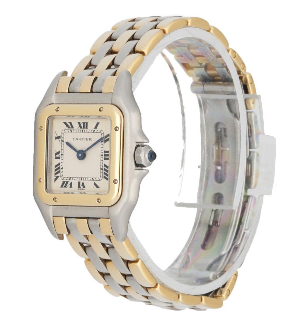 Cartier Panthere 166921 ladies watch. 22mm stainless steel case with 18K yellow gold bezel. Off-white dial with blue steel hands and black Roman numeral hour markers. 3-row 18K Yellow gold and stainless steel bracelet with stainless steel hidden