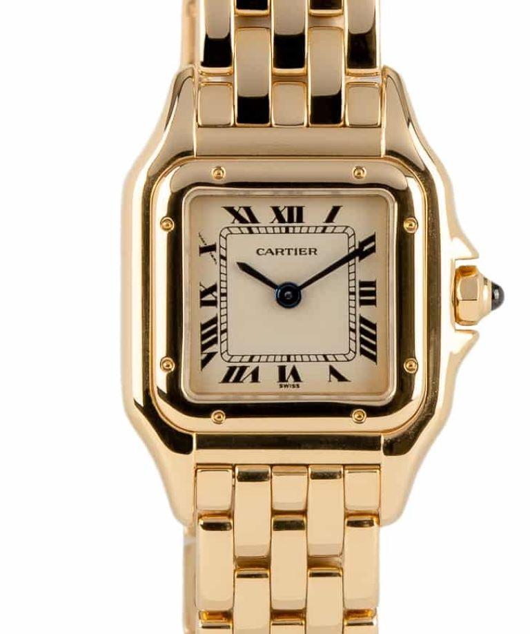 Cartier Panthere watch, woman model, signed and numbered.

Quartz movement.

Dimensions of the diaz: 22 x 30 x 5 mm (0.866 x 1.181 x 0.197 inches)

Wrist size: 16 cm (3 other links are available)

New battery.

Very good condition.

Watch weight: