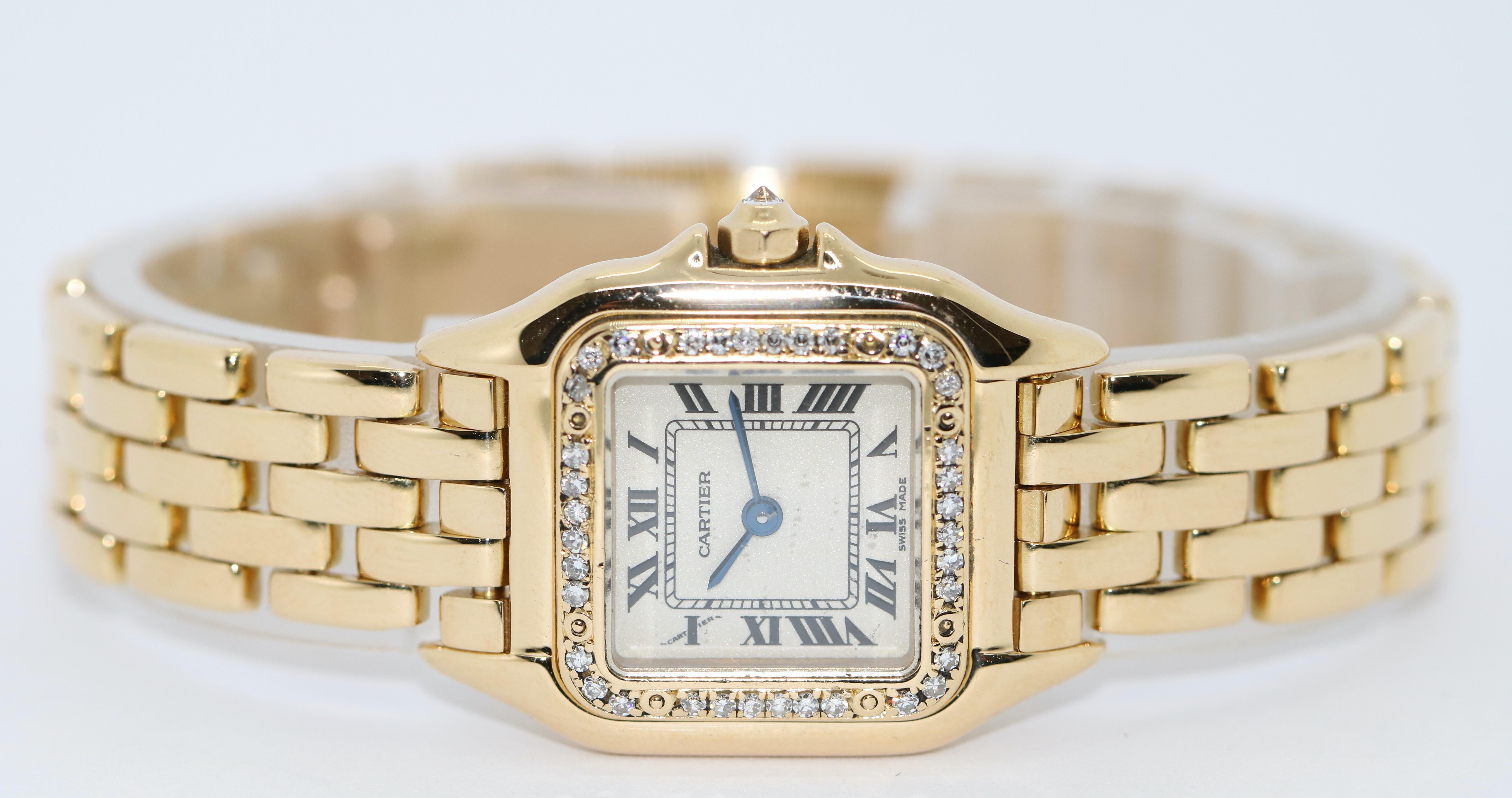 Round Cut Cartier Panthère 18 Karat Gold Ladies Wrist Watch with Diamonds