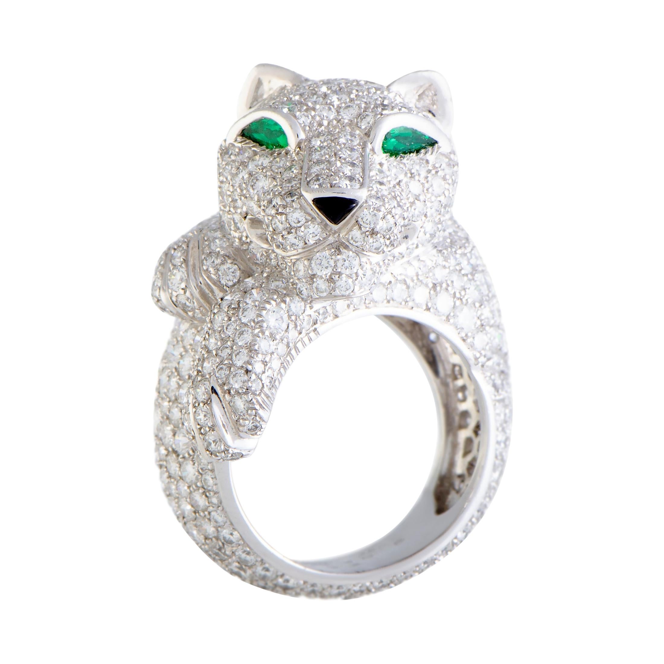 Cartier Panthere 18 Karat White Gold Full Diamond Pave Onyx and Emerald Ring