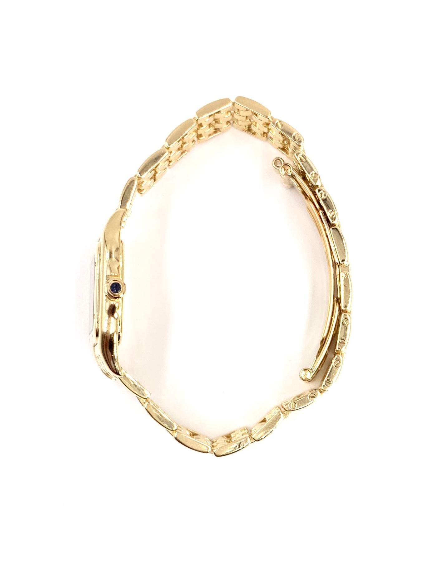 The well sought after CARTIER Panthére solid 18 karat yellow gold 22mm quartz watch, model W25022B9 (1070) in very good condition. Serial # : MG347706
Yellow gold linked bracelet with hidden butterfly clasp. Classic CARTIER off white dial with stark