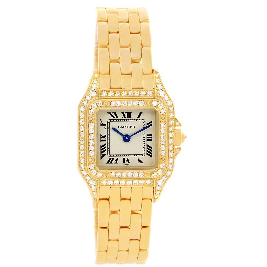 Cartier Panthere 18k Yellow Gold Diamonds Ladies Watch WF3072B9. Quartz movement. 18k yellow gold case 22.0 x 22.0 mm (28.0 including the lugs). Octagonal crown set with diamond. Diamond set lugs and case. 18k yellow gold diamond bezel. Scratch