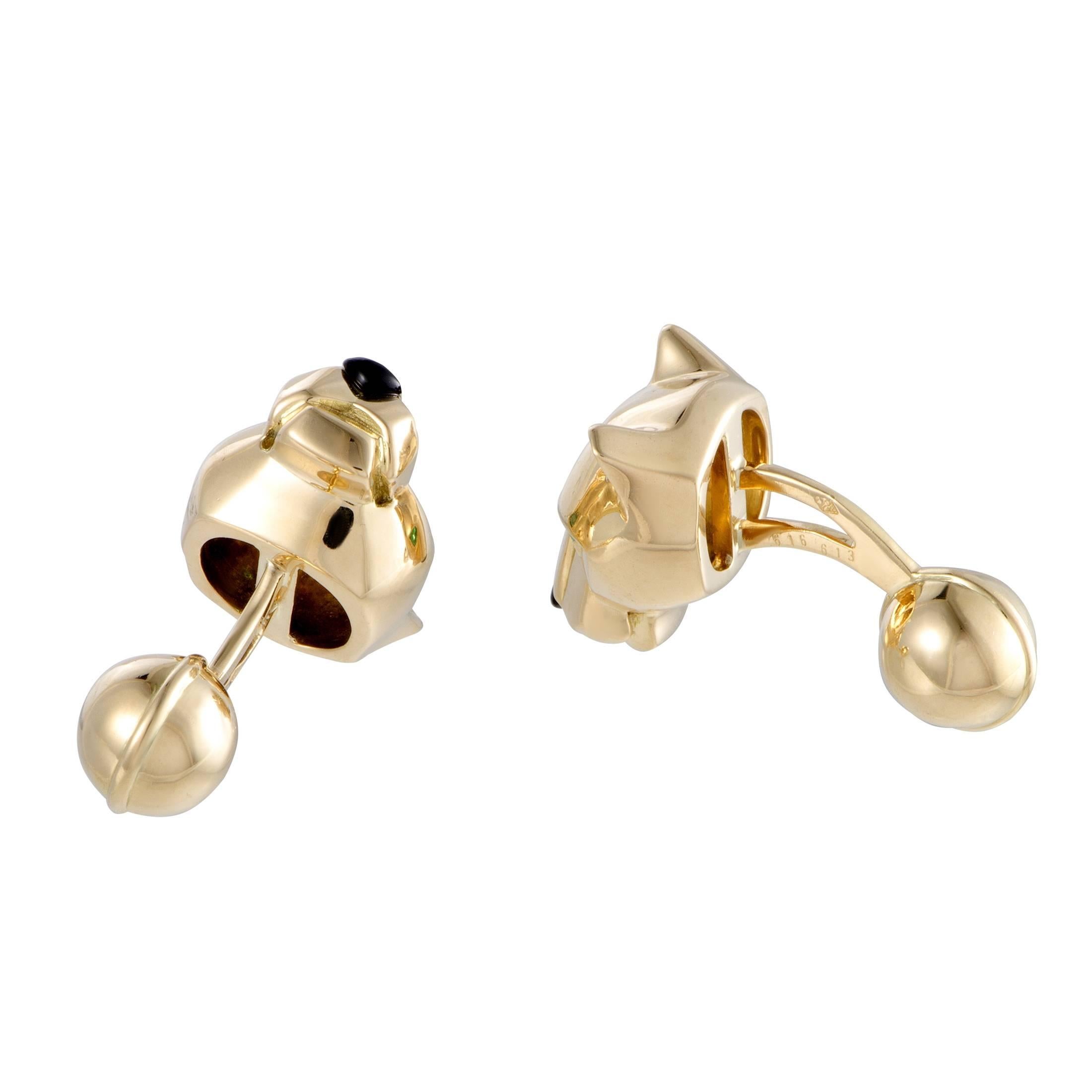 These unique panthere cufflinks by Cartier are elegantly designed in shimmering 18K yellow gold. The classy cufflinks boast a nifty charming appeal with the addition of glamorous onyx and captivating tsavorite stones in its remarkable design.