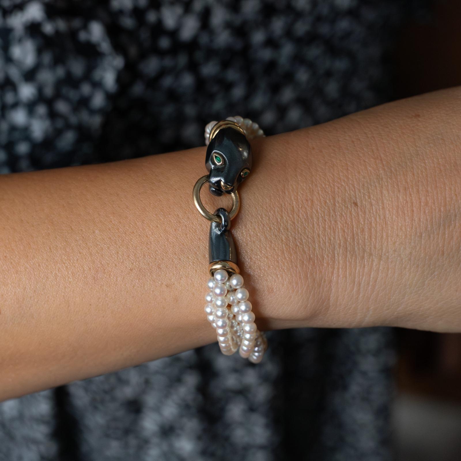 Taglio a goccia Cartier Panthère Bracciale in oro giallo 18 carati con perle di smeraldo e argento in vendita