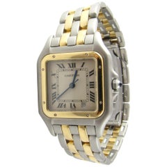 Retro Cartier Panthere 18 Karat Yellow Gold Steel Watch Date 2 Gold Rows Unisex