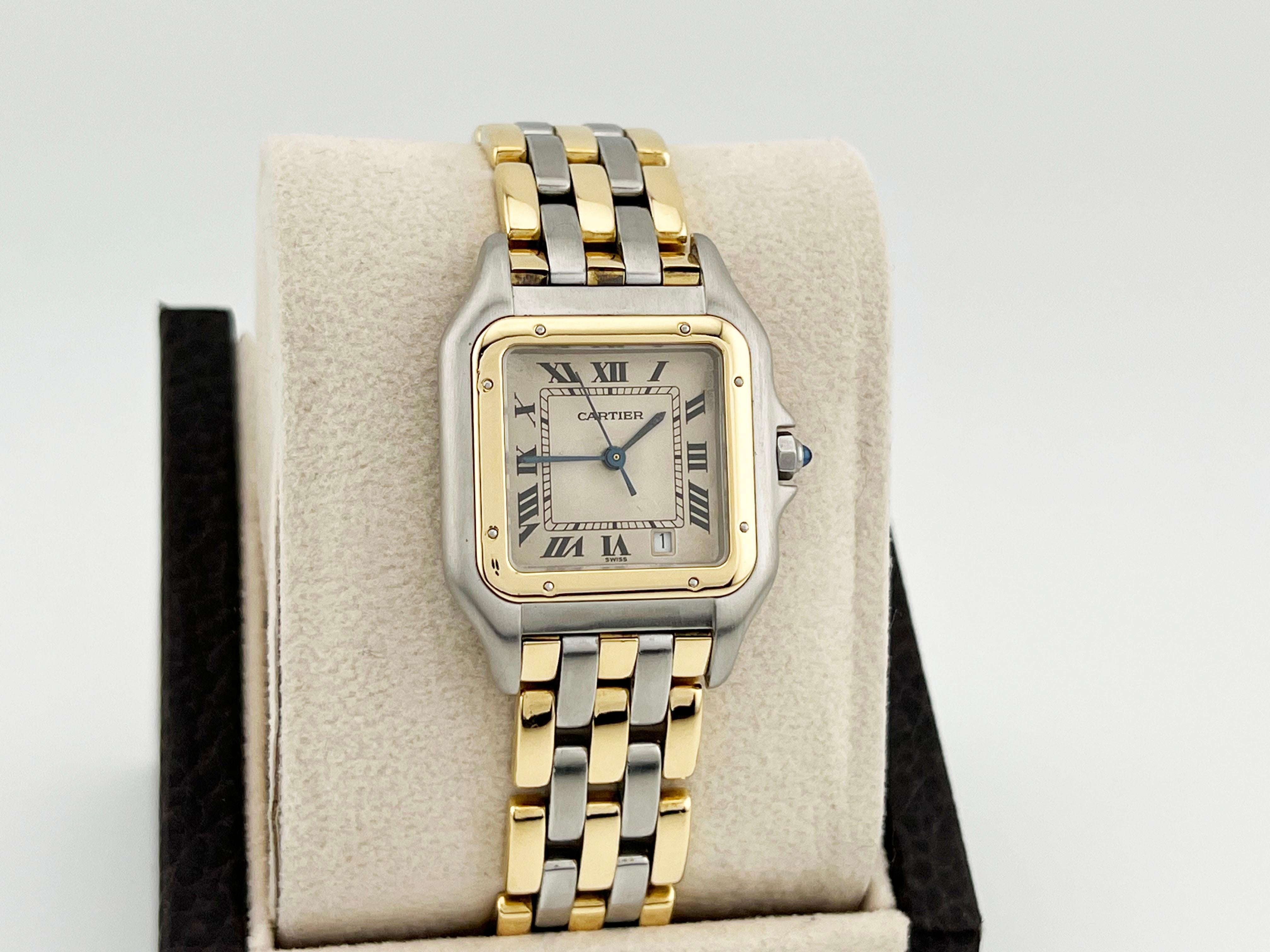 Style Number: 183949

Year: Est 1990's

Model: Cartier Panthere

Case Material: Stainless Steel 

Band: 18K Yellow Gold & Stainless Steel 

Bezel: 18K Yellow Gold 

Dial: Ivory 

Face: Sapphire Crystal 

Case Size: 27mm x 36mm 

Includes:

-Elegant