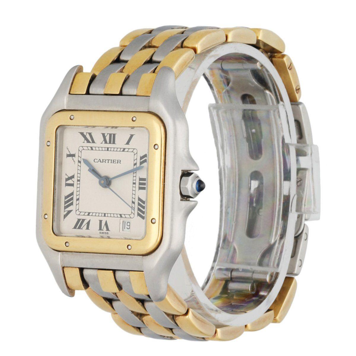 Cartier Panthere 187949 Midsize Ladies Watch. 27mm stainless steel case with an 18k yellow gold bezel. Off white dial with blue steel hands and black roman numeral hour markers. Date display at the 5 o'clock position. Stainless steel with three rows