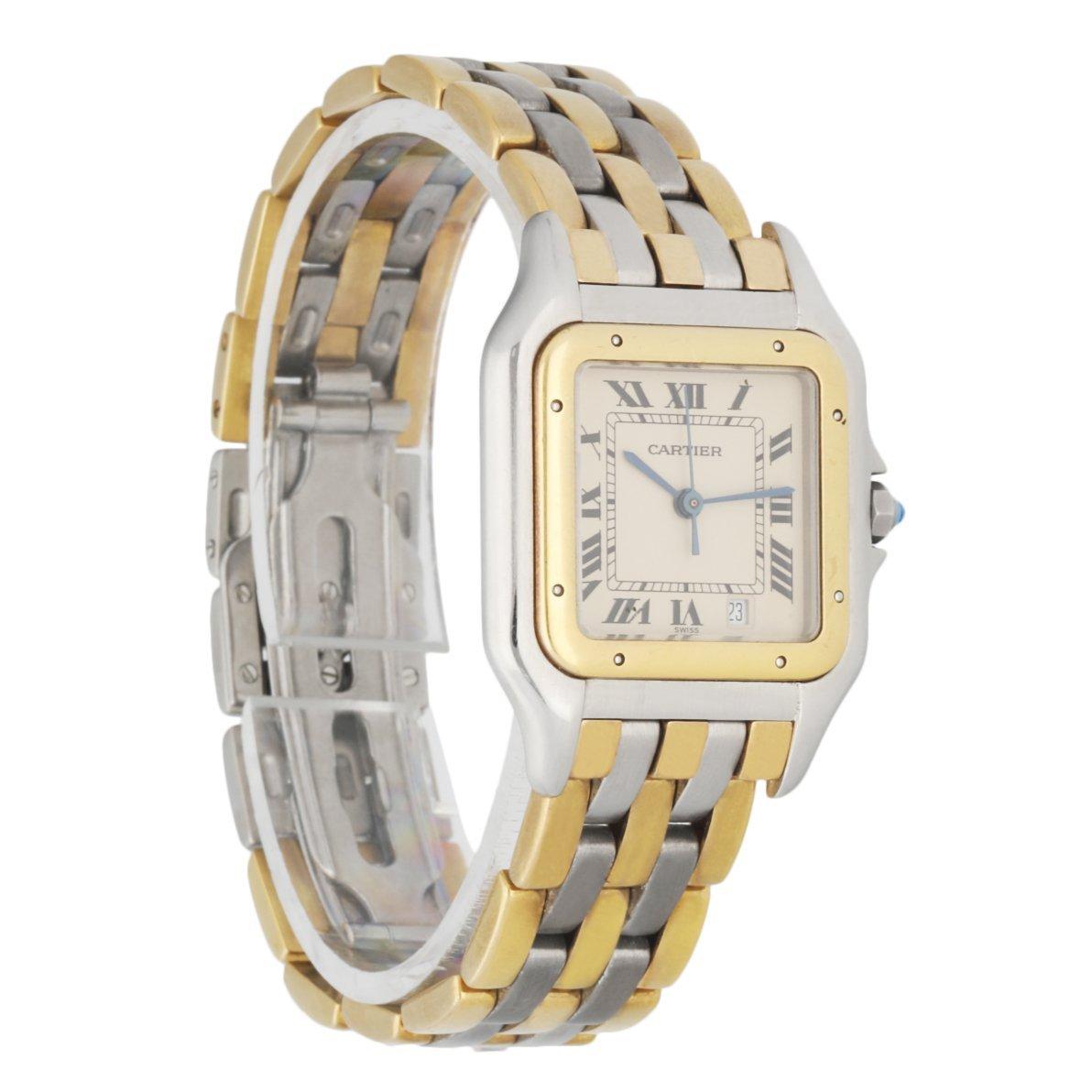 Cartier Panthere 187949 Midsize Ladies Watch. 27mm stainless steel case with an 18k yellow gold bezel. Off white dial with blue steel hands and black roman numeral hour markers. Date display at the 5 o'clock position. Stainless steel with three rows