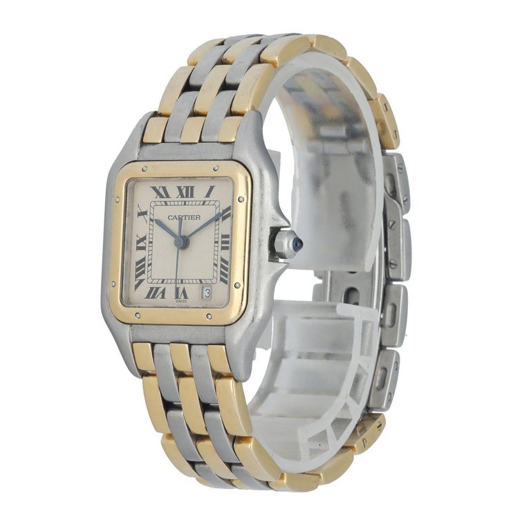 Cartier Panthere 187949 Three Row Midsize Watch 28mm Stainless Steel case. Yellow Gold Stationary bezel. Off White dial with blue steel hands and Roman numeral hour markers. Minute markers on the inner dial. Date display at the 5 o'clock position.