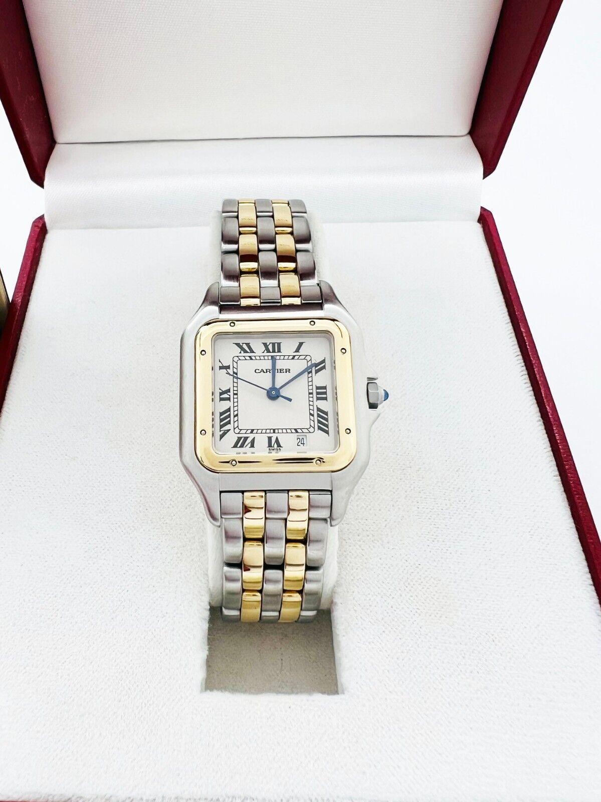 Style Number: 187949
 
Model: Panthere 
 
Case Material: Stainless Steel
 
Band: 18K Yellow Gold & Stainless Steel
 
Bezel:  18K Yellow Gold
 
Face: Sapphire Crystal
 
Case Size: 27mm 
 
Includes: 
-Cartier Box & Paper 
-Certified Appraisal 
-1 Year
