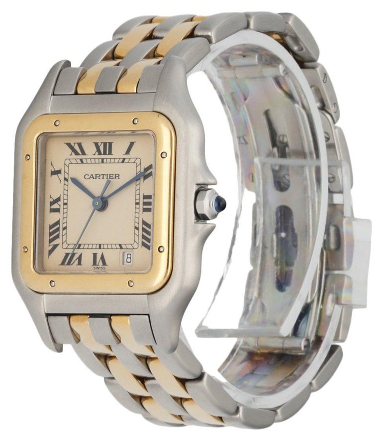 Cartier Panthere Midsize Ladies Watch. 27mm Stainless Steel case. 18K Yellow Gold bezel. Off-WhiteÂ dial with Blue steel hands and Roman numeral hour markers. Minute markers on the inner dial. Date display at the 5 o'clock position. Two-Tone