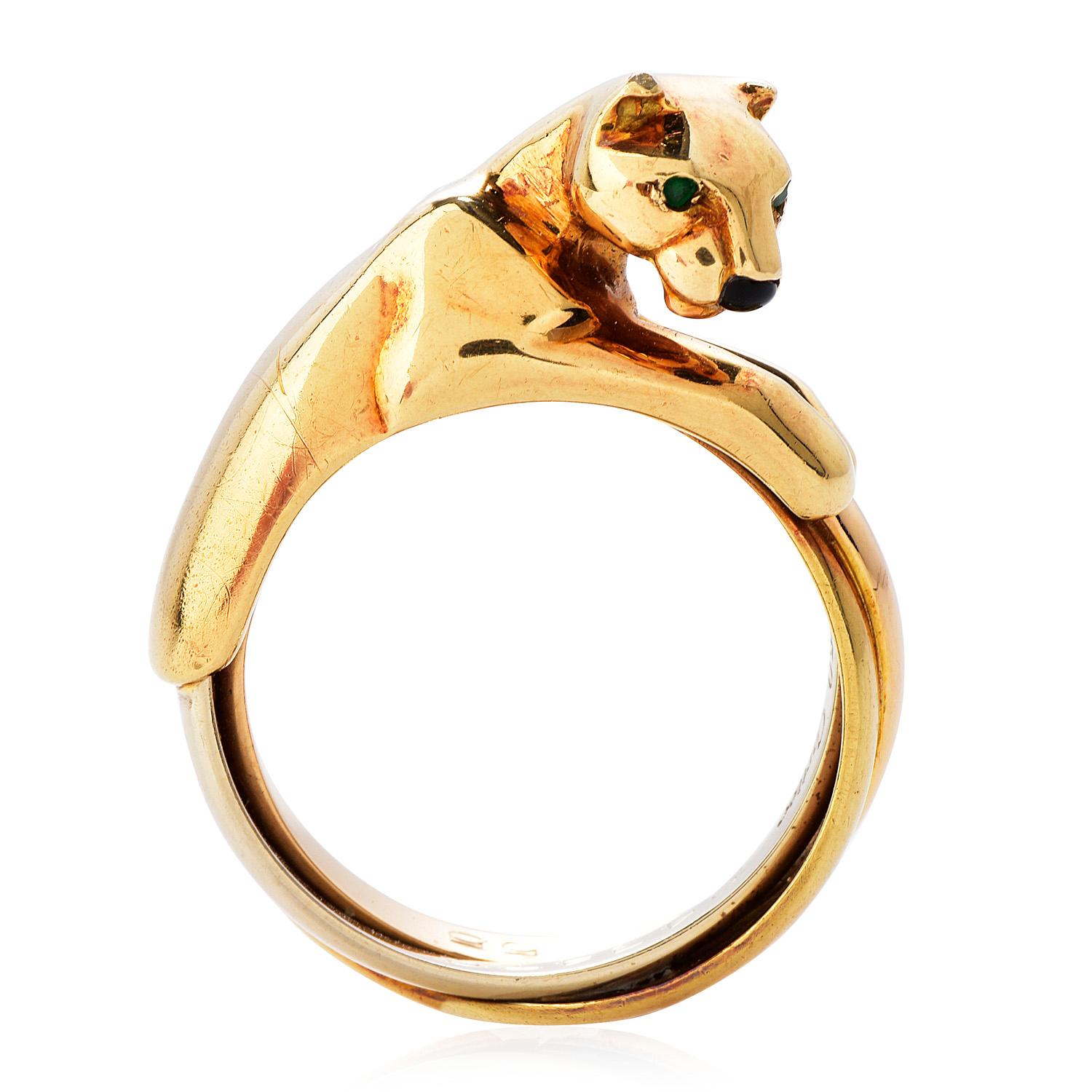 Cartier Maillon Panthere 18K Gold 3 Row Panther Cocktail Ring

This outstanding example of Cartier's timelessness has a panther as the center of attention.

18K Yellow Gold Panthere 3 Row Cocktail Ring by Cartier.

Two vibrant green Emeralds