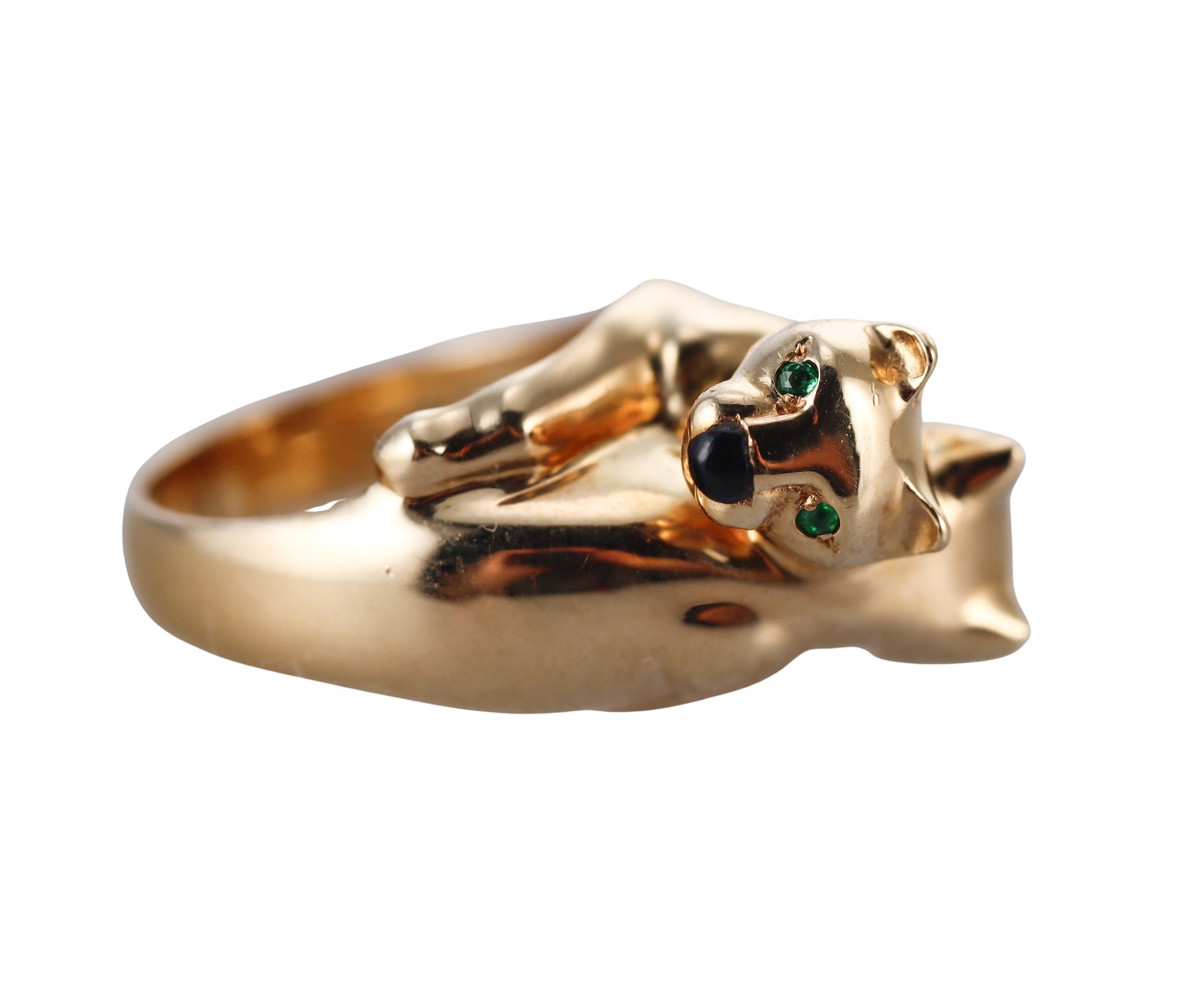 Round Cut Cartier Panthere 18k Gold Emerald Onyx Bypass Ring
