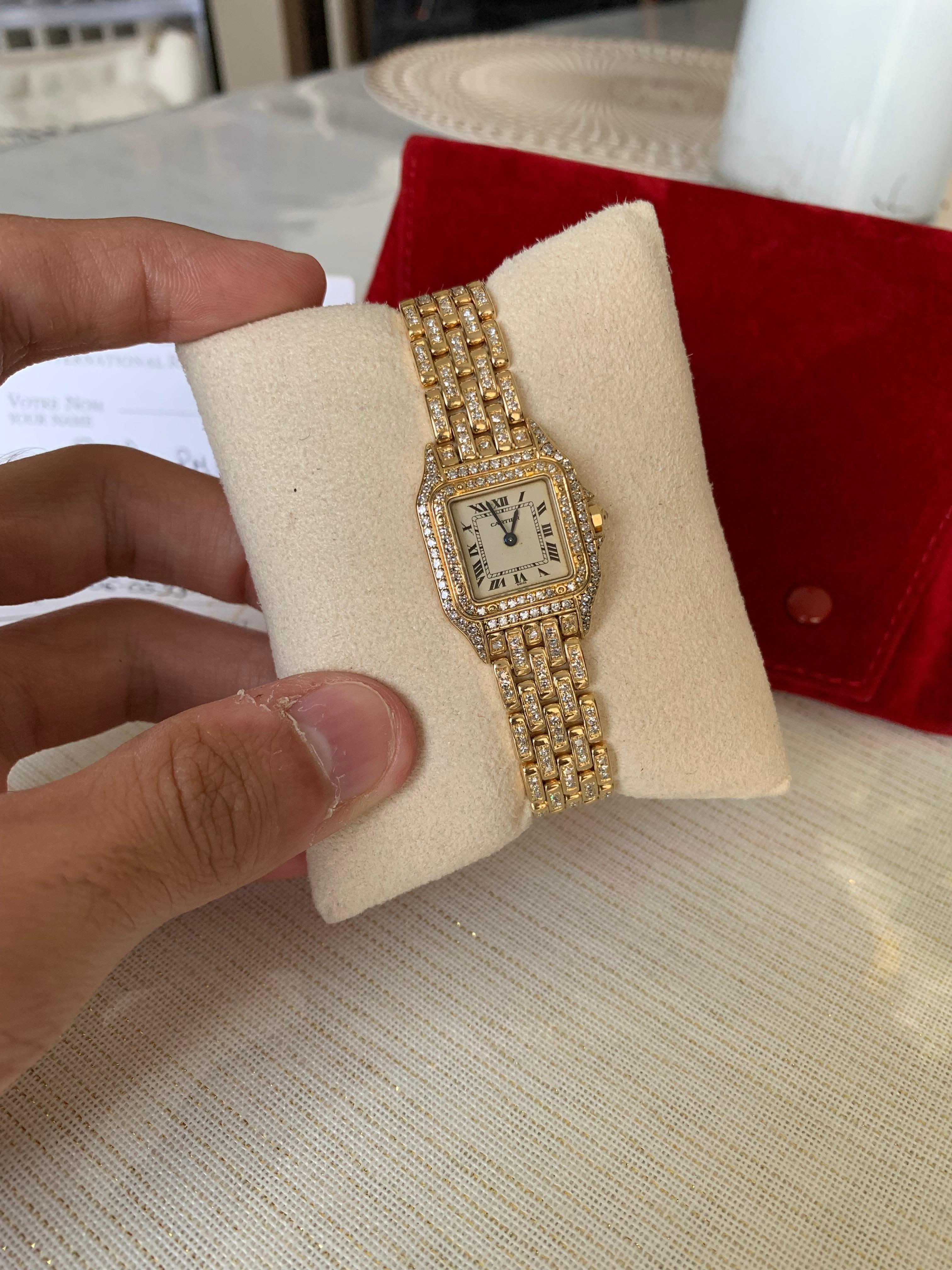 Cartier Panthere, Swiss Made, In 18k Solid Yellow Gold, Factory Set With Diamonds All Along The Case, Bezel & Bracelet By Cartier.
Rare & Popular Model.
Amazing Shine, Incredible Craftsmanship.
Has Service Papers From 1994.
Comes With Original