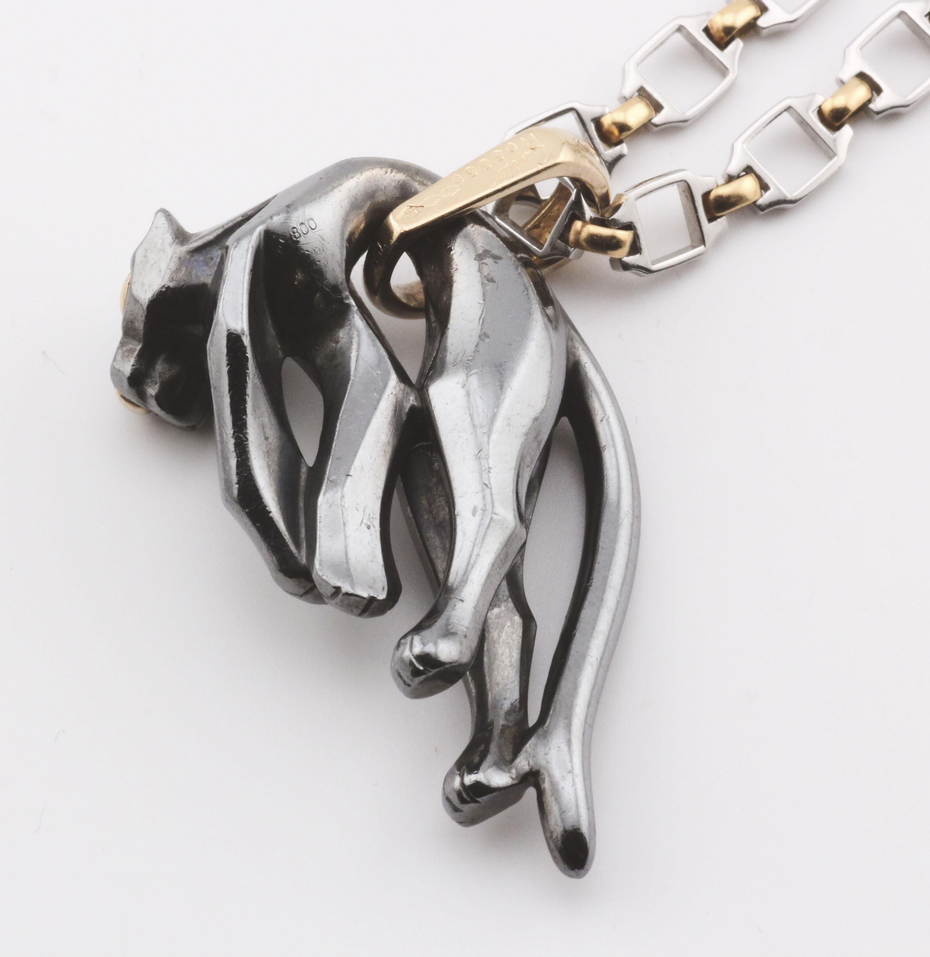 Cartier Panthere 18k Gold Silber Silberium Anhänger mit Santos Stahl Gold Lange Halskette für Damen oder Herren
