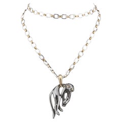 Cartier Panthere 18k Gold Silverium Pendant w/ Santos Steel Gold Long Necklace