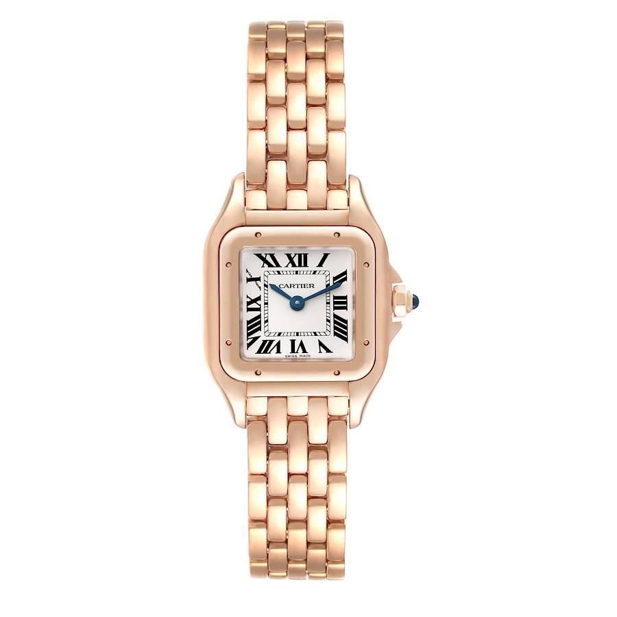 Cartier Panthere 18k Rose Gold Small Ladies Watch WGPN0006 Box Papers. Quartz movement. 18k rose gold case 22.0 x 22.0 mm (30.0 including the lugs). Octagonal crown set with the blue sapphire cabochon. 18k rose gold bezel, secured with 8 pins.