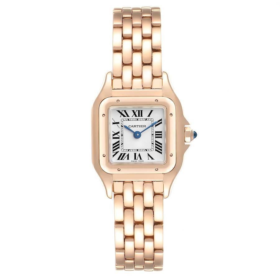 Cartier Panthere 18k Rose Gold Small Ladies Watch WGPN0006 Unworn. Quartz movement. 18k rose gold case 22.0 x 22.0 mm (30.0 including the lugs). Octagonal crown set with the blue sapphire cabochon. 18k rose gold bezel, secured with 8 pins. Scratch