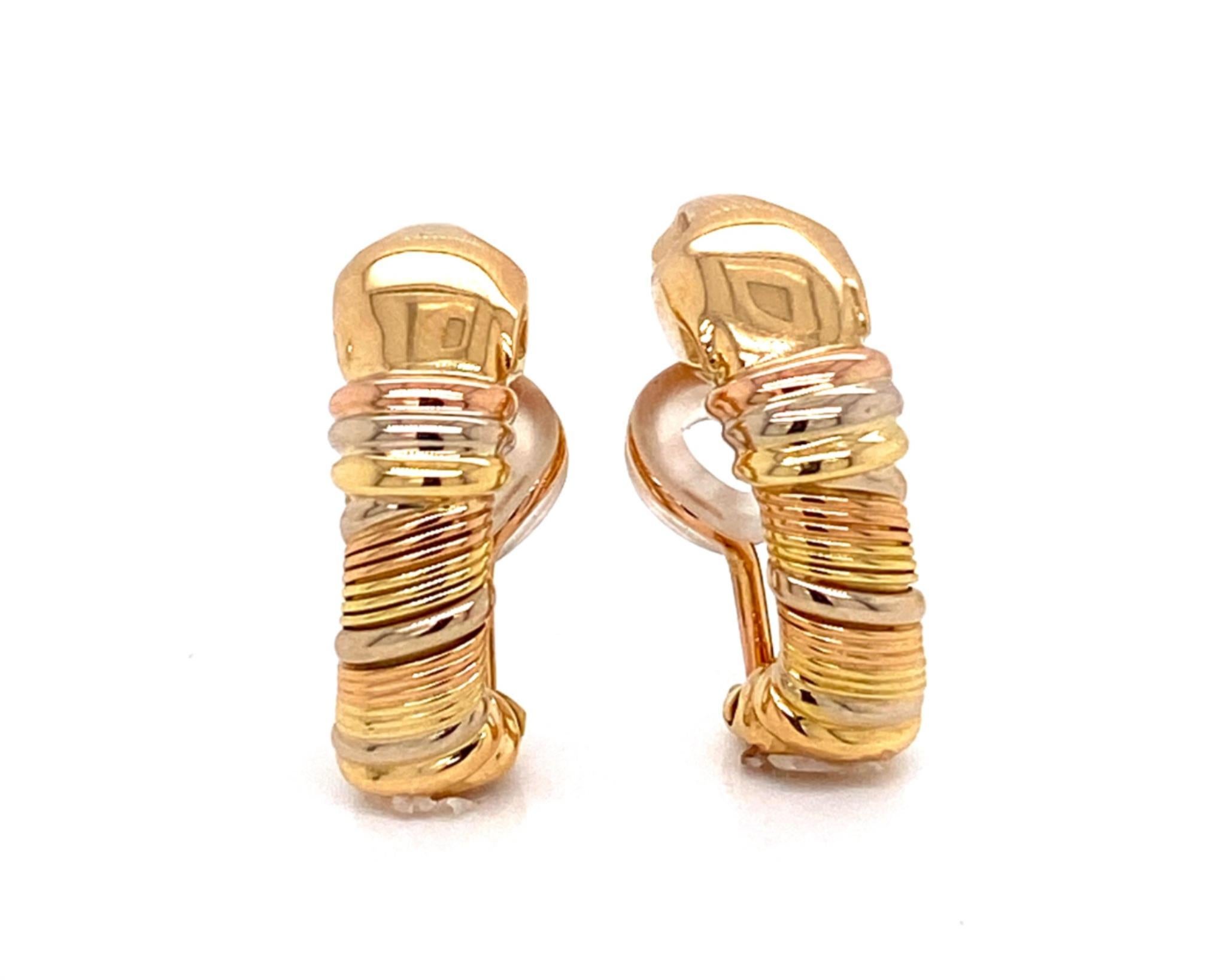 Modern Cartier Panthere 18k Tri-Color Gold Clip On Huggie Earrings with Service Paper For Sale