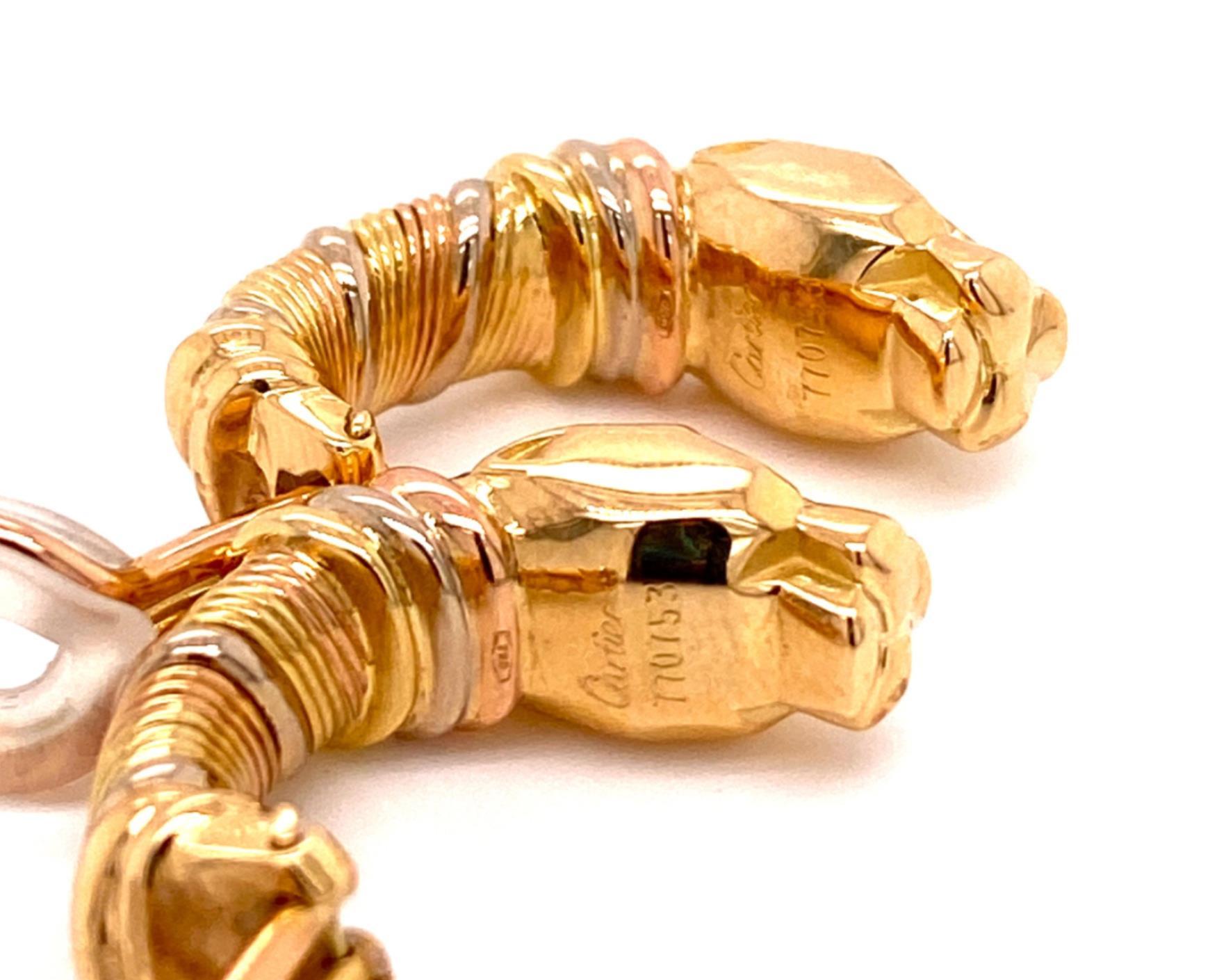 Cartier Panthere 18k Tri-Color Gold Clip On Huggie Earrings with Paper In Excellent Condition For Sale In Boca Raton, FL