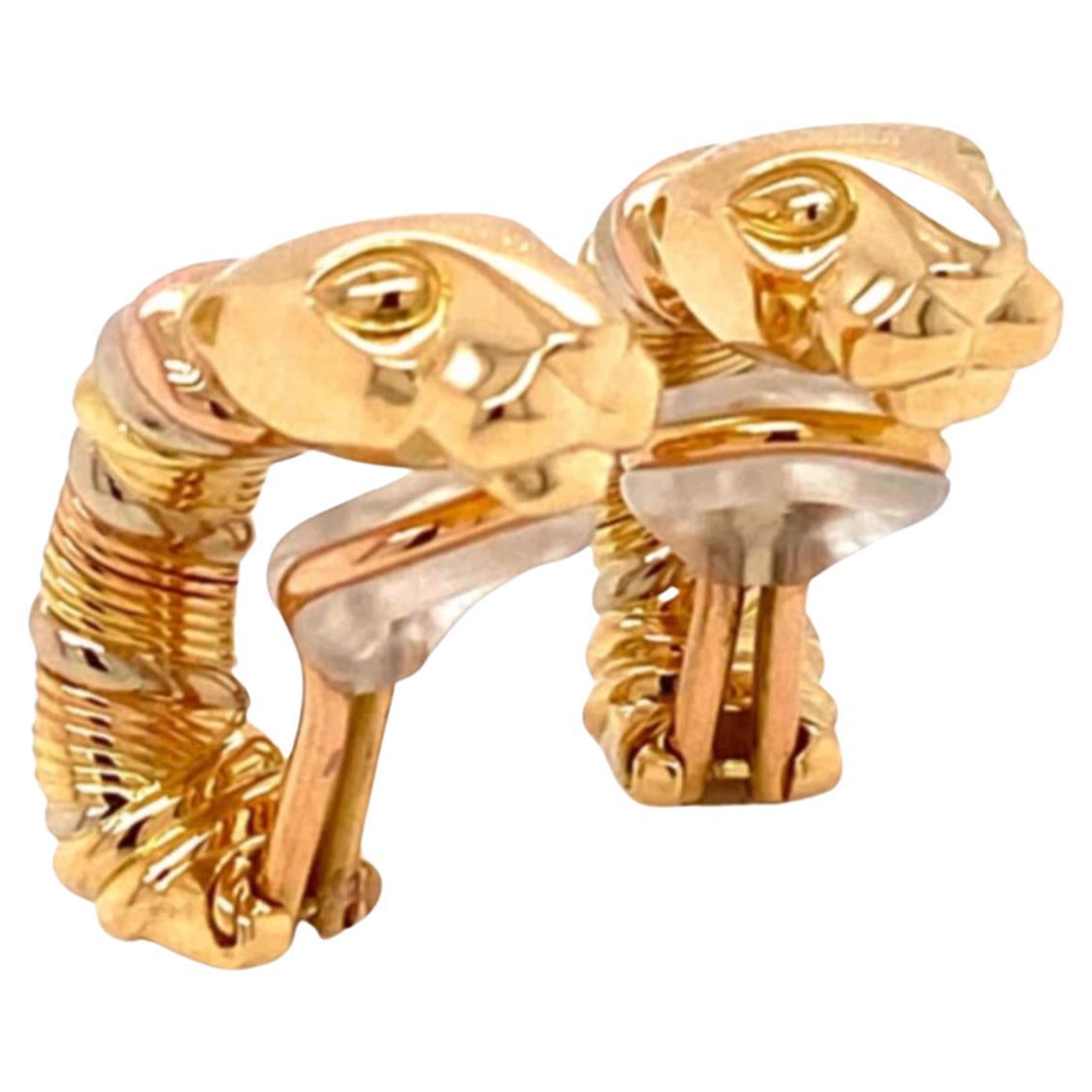 Cartier Panthere 18k Tri-Color Gold Clip On Huggie Earrings with Paper For Sale
