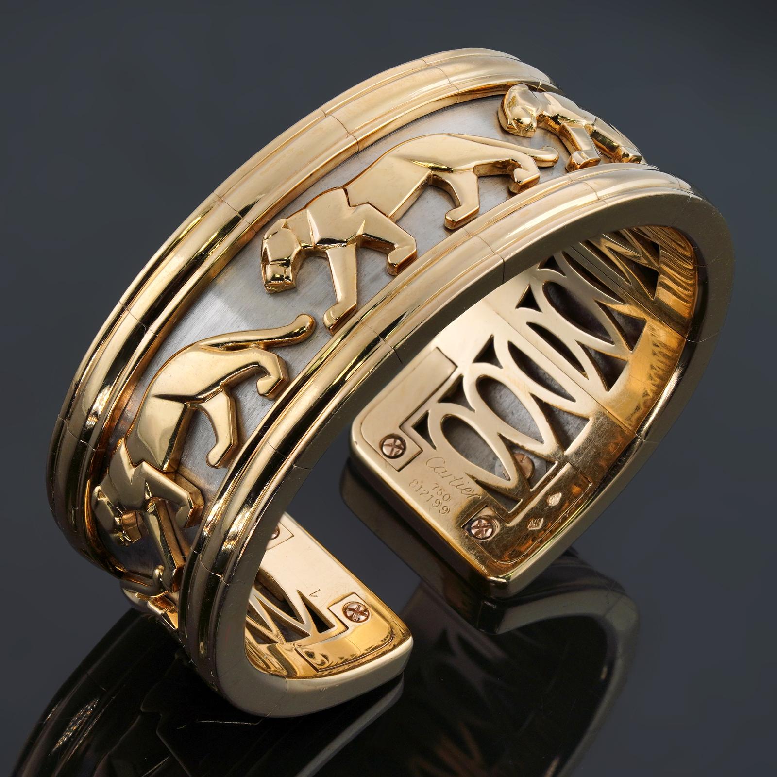 This gorgeous vintage Cartier Panthere bracelet features a classic design of running panthers crafted in  18 kt. yellow and white gold, signed Cartier, with maker's mark and French assay mark. The size of this bracelet is slightly flexible with an
