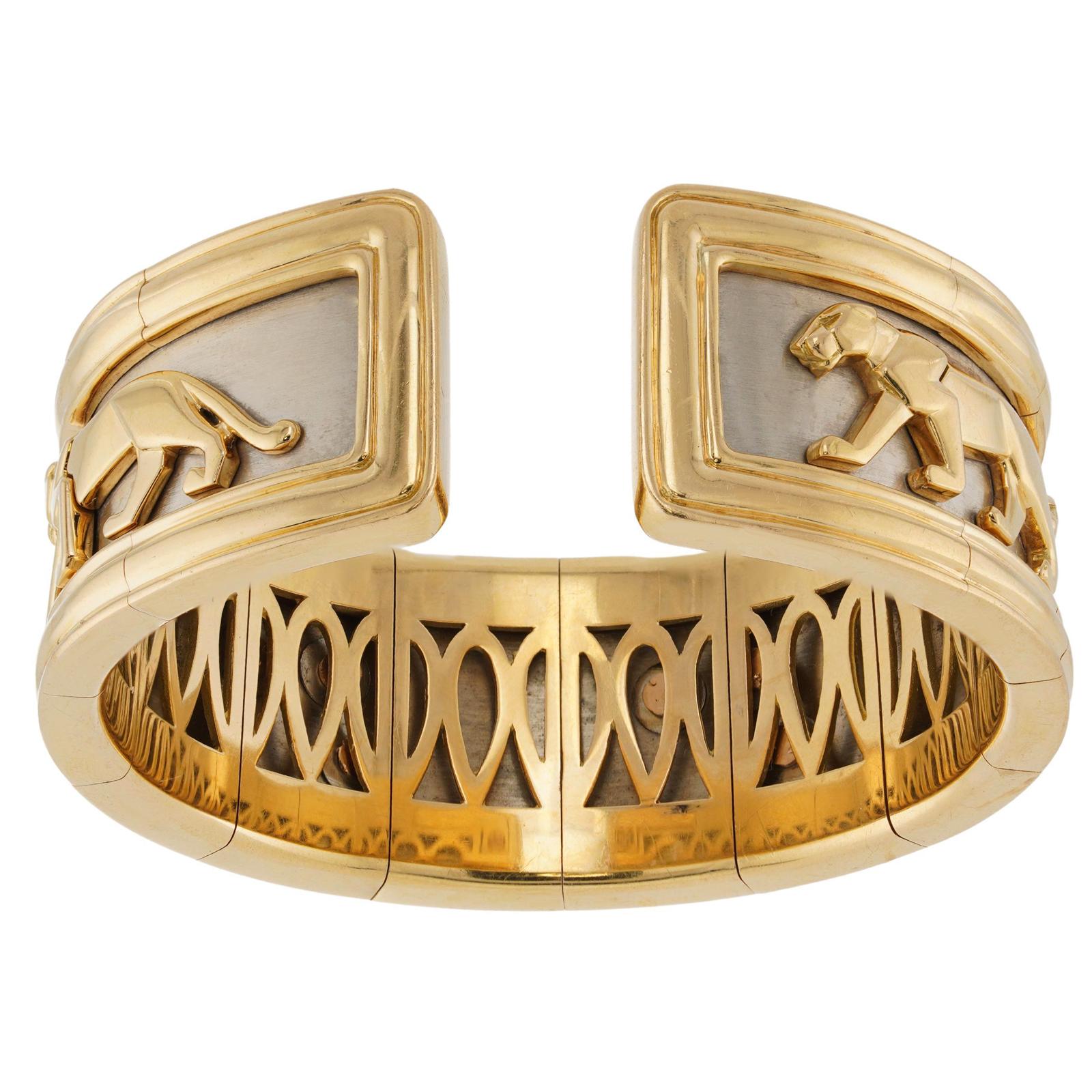 CARTIER Panthere 18k Two-Tone Gold Vintage Cuff Bracelet In Excellent Condition For Sale In New York, NY