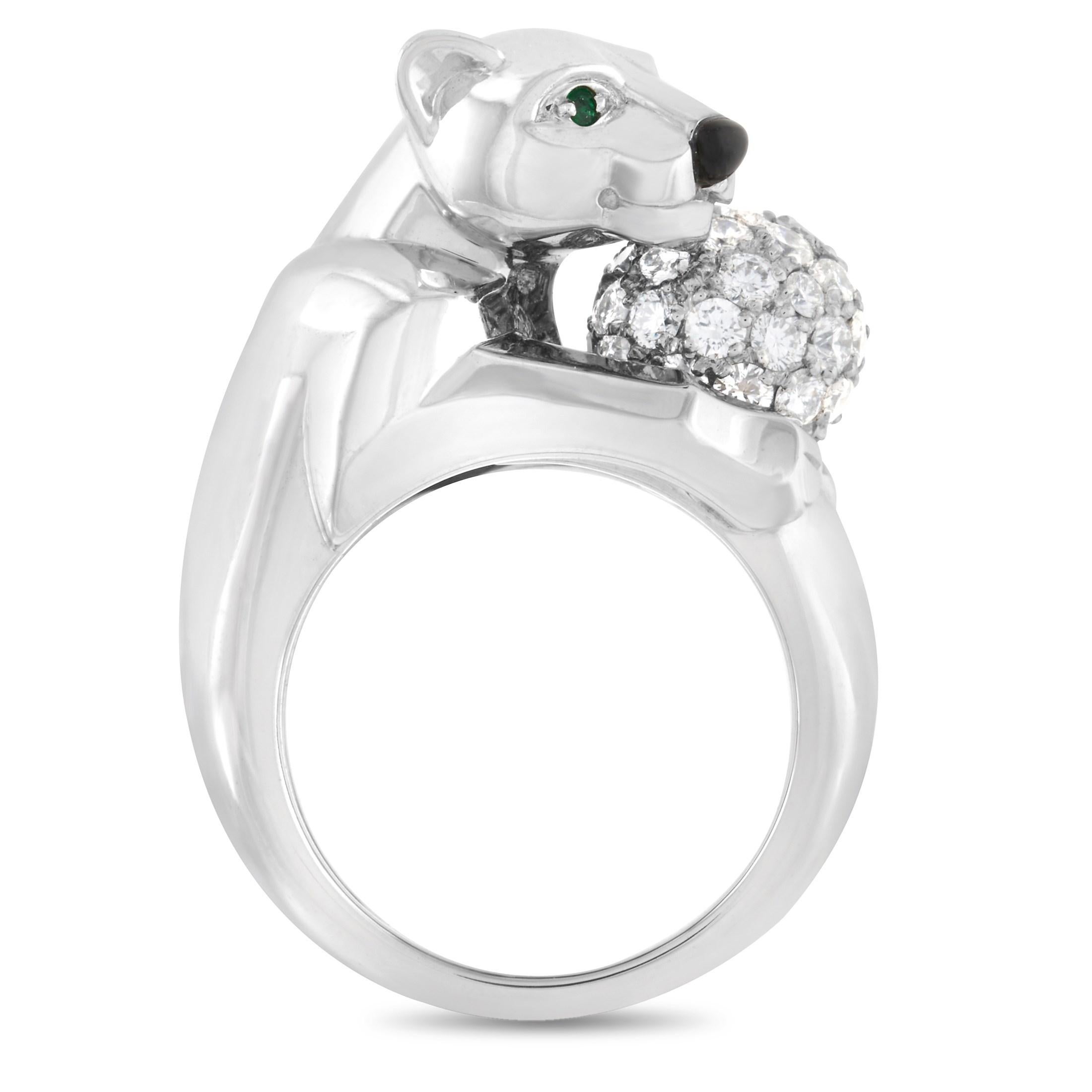 This Cartier Panthère 18K White Gold 1 ct Diamond Ring is the one meant for an empowered woman. Carrying the spirit animal of fierce ladies, this ring features a white gold band with an intricately sculpted panther's head and legs enclosing a ball