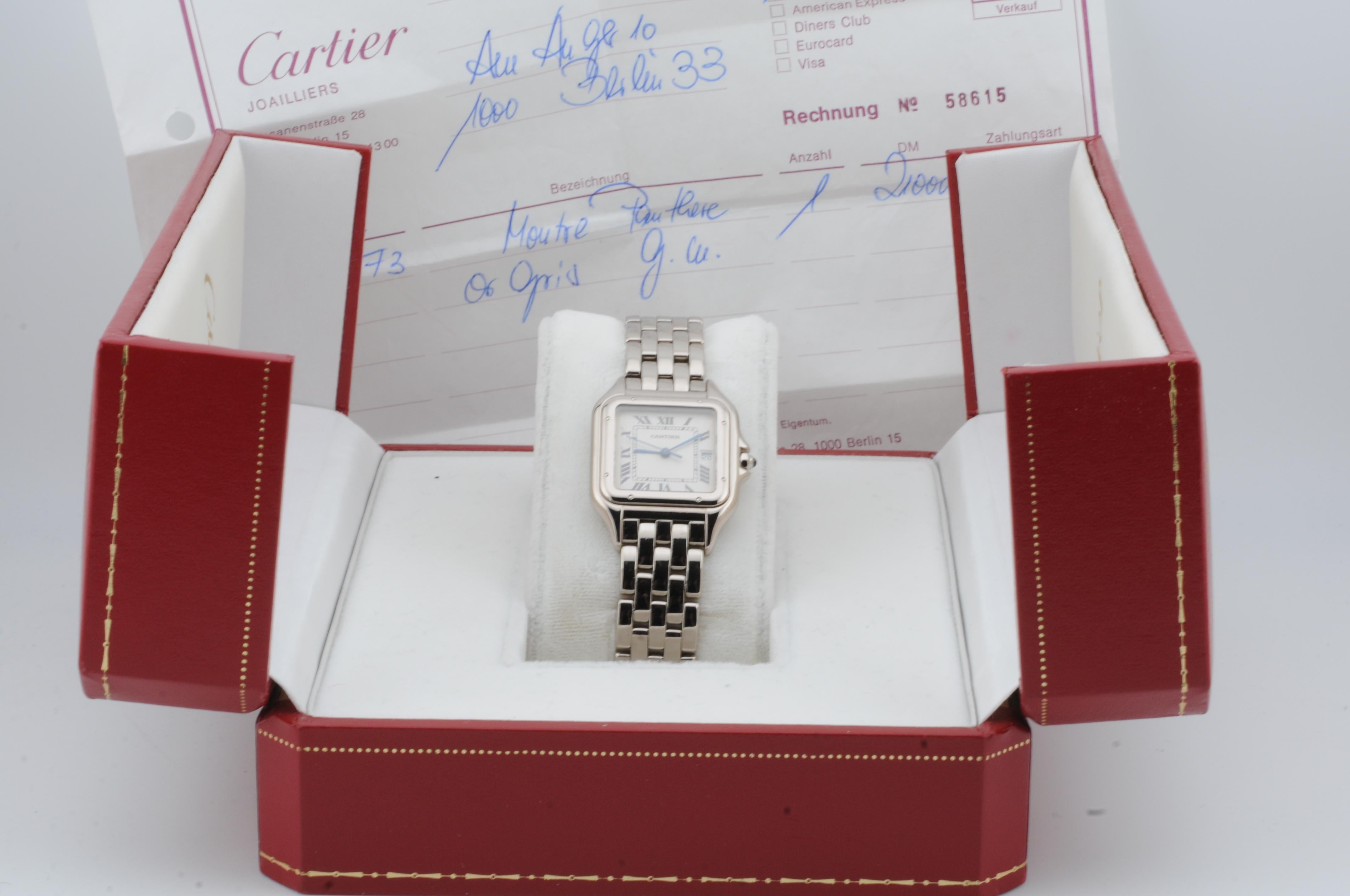 Cartier Panthère watch in 18k white gold, manufactured in 1991. The watch comes with its original box but without papers. It features a 27mm case, quartz movement, and is presented with full links. The piece is in good overall condition. Reference