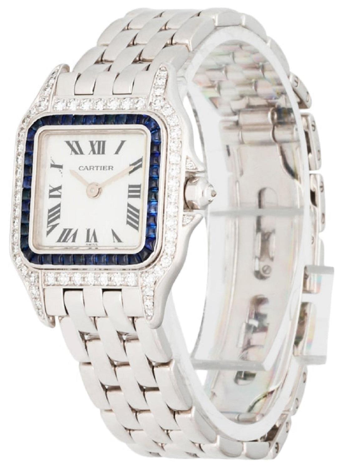 
Cartier Panthere 2362 Ladies Watch. 22mm 18k white gold case with factory diamond set. 18K white gold with factory blue sapphire bezel. Octagonal crown set with the diamond. Textured mother of pearl dial with white gold hands and Roman numeral hour