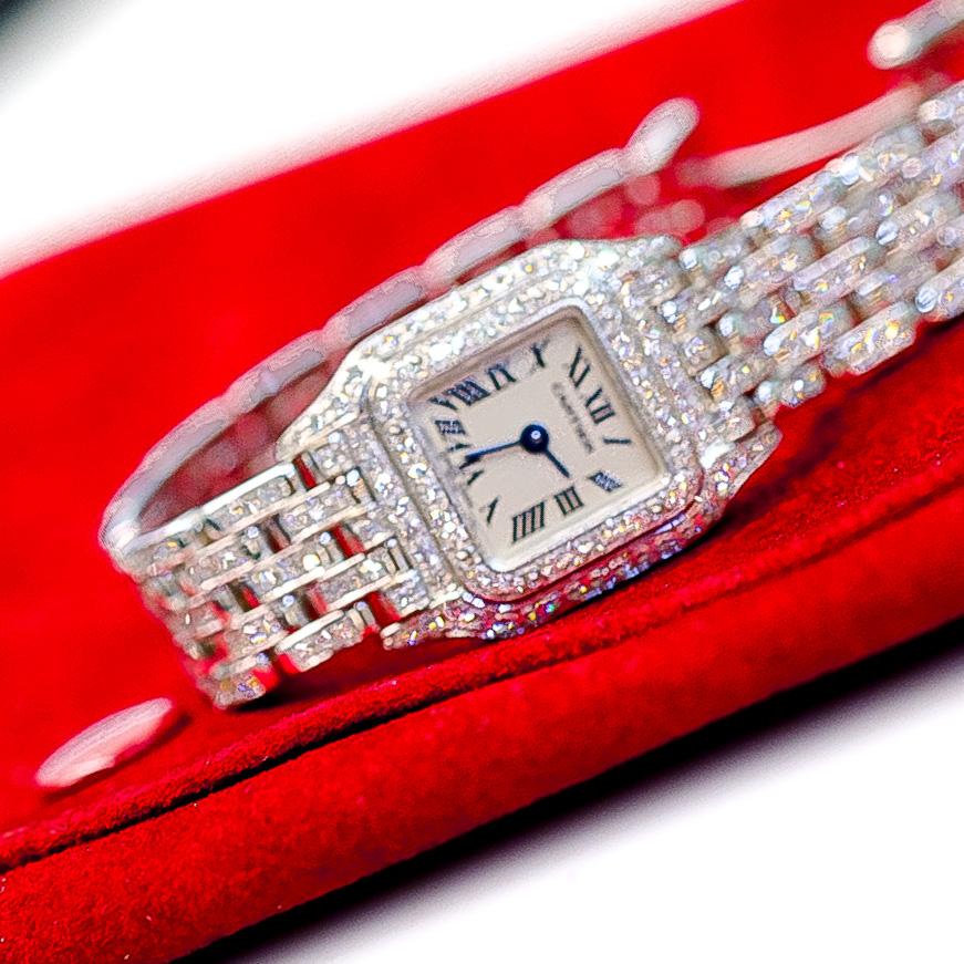 Modern Cartier Panthere 18K White Gold Diamond Mini 2363 Watch For Sale