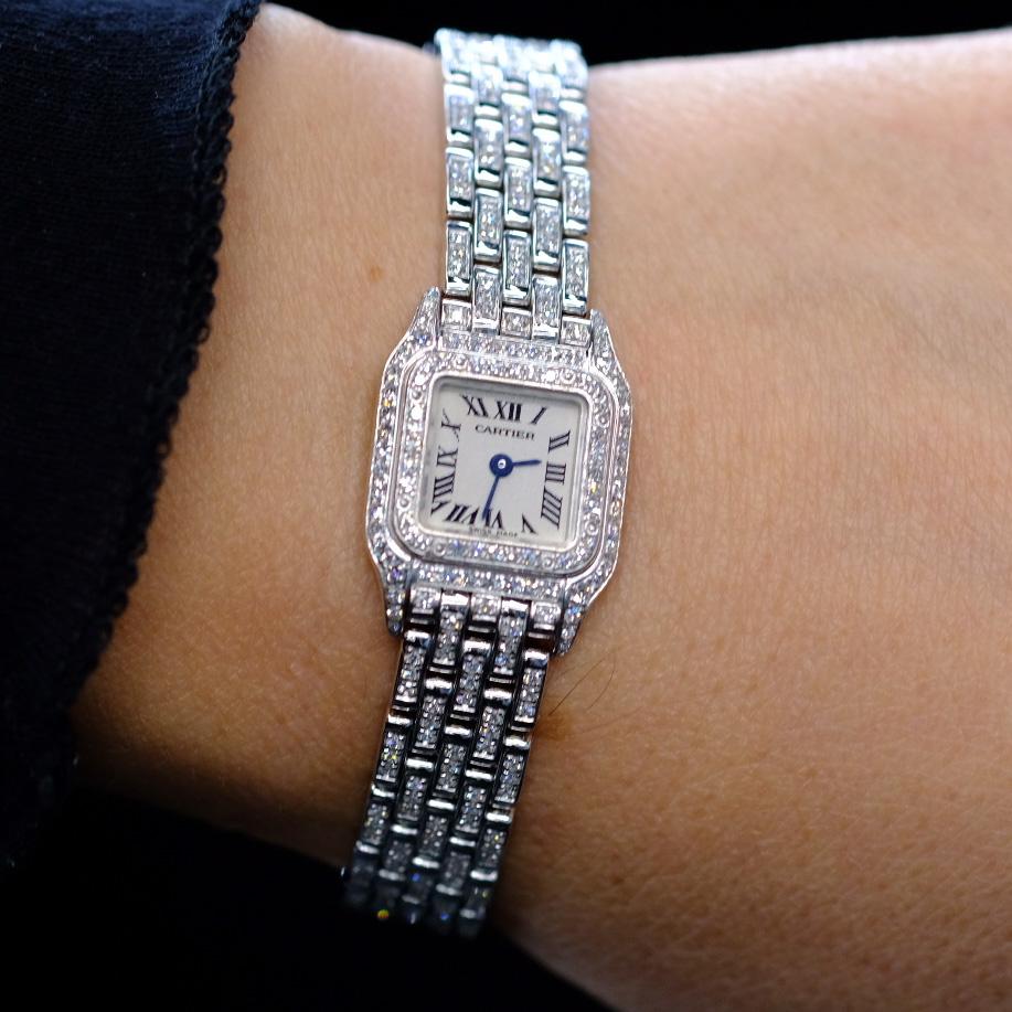 Round Cut Cartier Panthere 18K White Gold Diamond Mini 2363 Watch For Sale