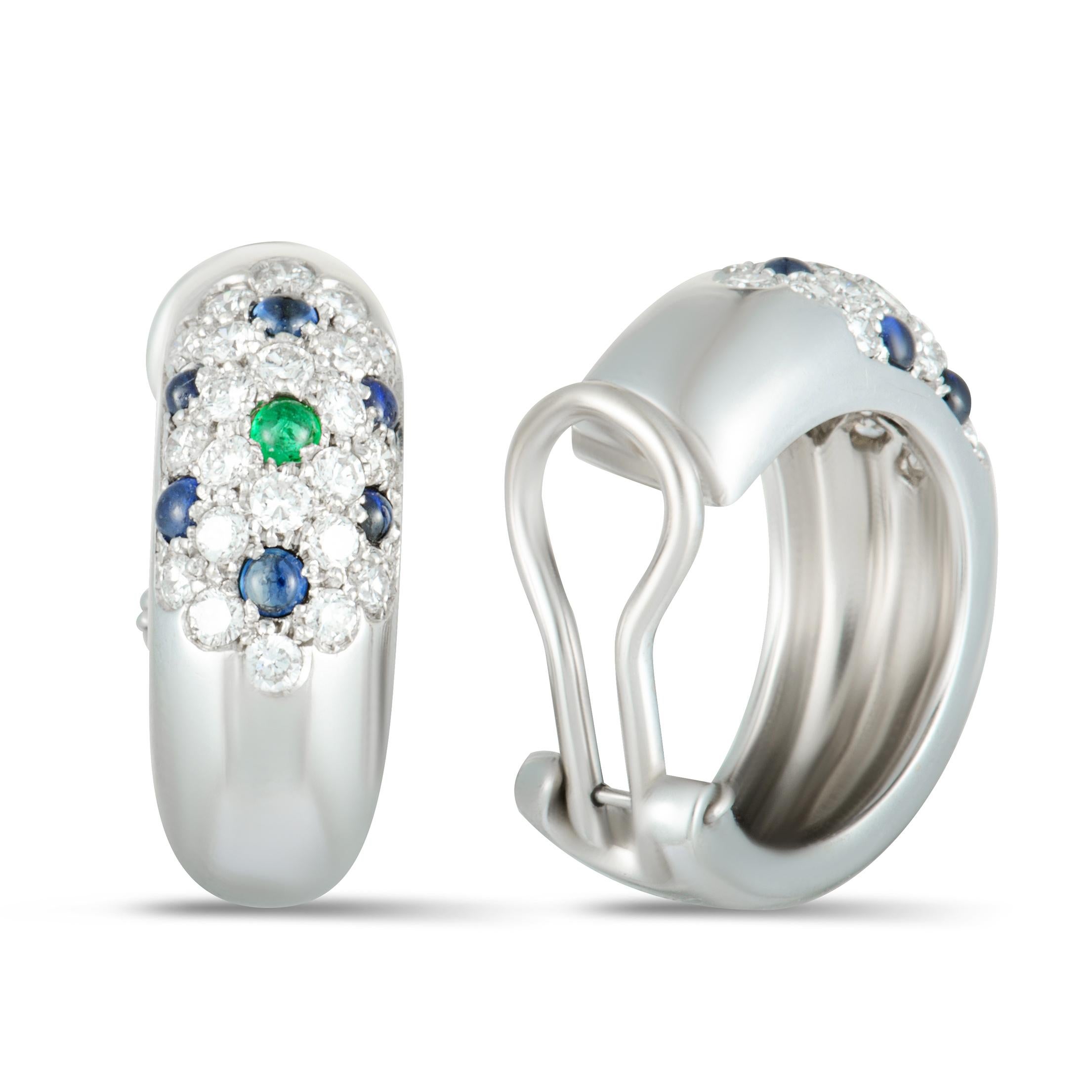 This elegant pair of earrings is beautifully designed by Cartier as part of its stunning Panthere collection. The remarkably classy pair is elegantly designed with shimmering 18K white gold and set with sparkling diamonds, fabulous sapphires, and