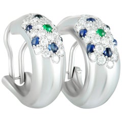 Cartier Panthere 18K White Gold Diamond Sapphire & Emerald Hoop Clip-on Earrings
