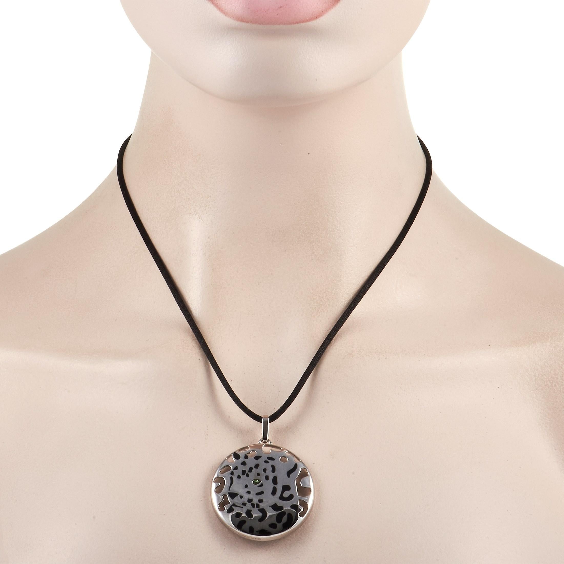 Possess the courage of a panther as you wear this iconic Cartier necklace. The Cartier 18K White Gold Panthere Medallion Necklace features a round medallion cut-out with a panther silhouette showing against the black onyx background. Bringing a