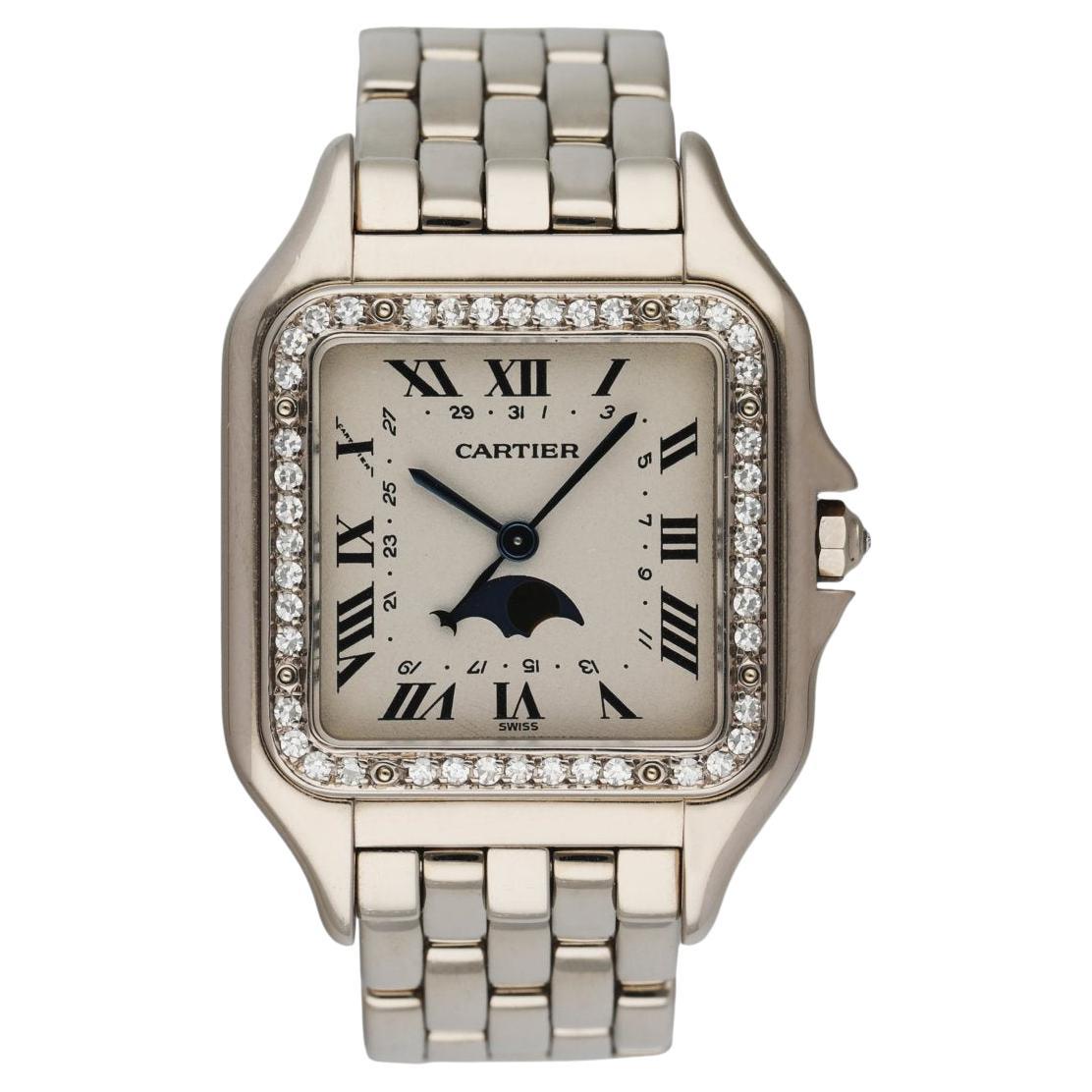 Cartier Panthere 18K White Gold Moon Phase Diamond Bezel Ladies Watch