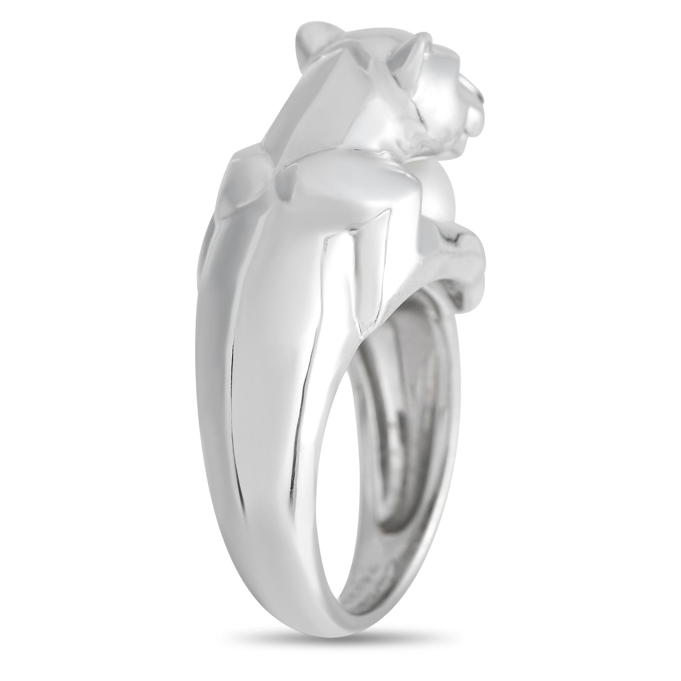 On this Cartier Panthere ring, the luxury brand\u2019s iconic panther motif plays with a sleek pearl orb. Crafted from 18K white gold, this piece features a 4mm wide band and a top height measuring 15mm.\r\nThis jewelry piece is offered in estate